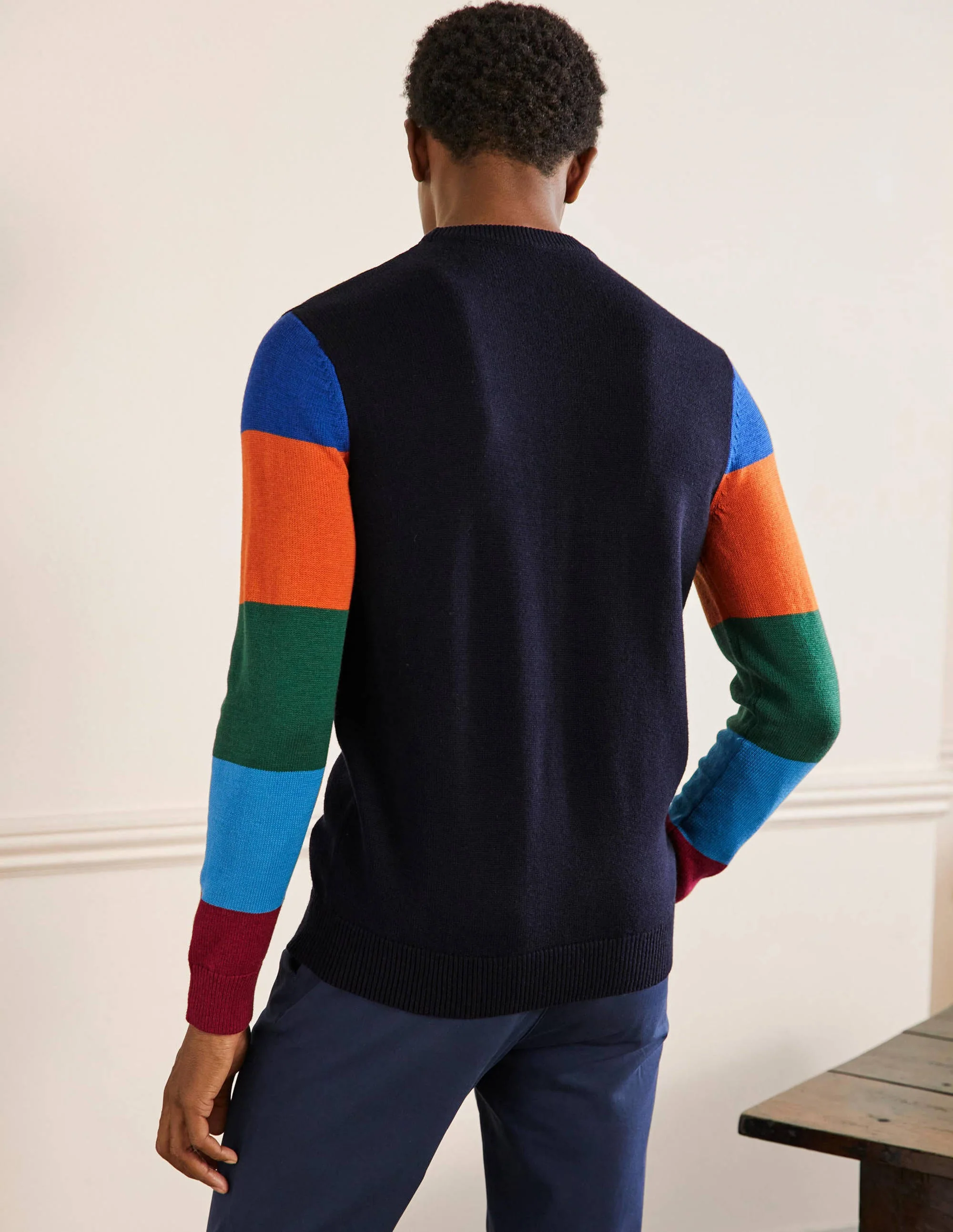 Merino Blend Crew Neck Sweater-Multi stripe Sleeve - Image 3