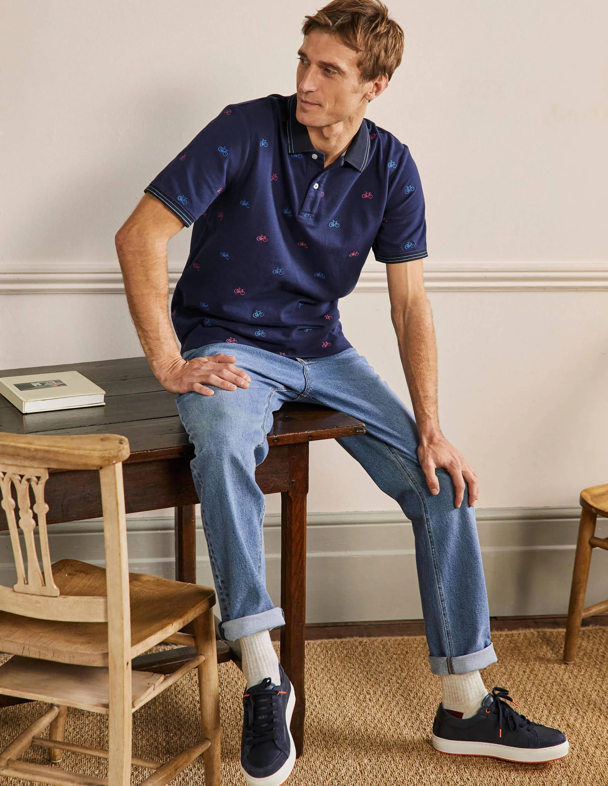 Piqué Polo Shirt-Navy Blue Embroidered Bike
