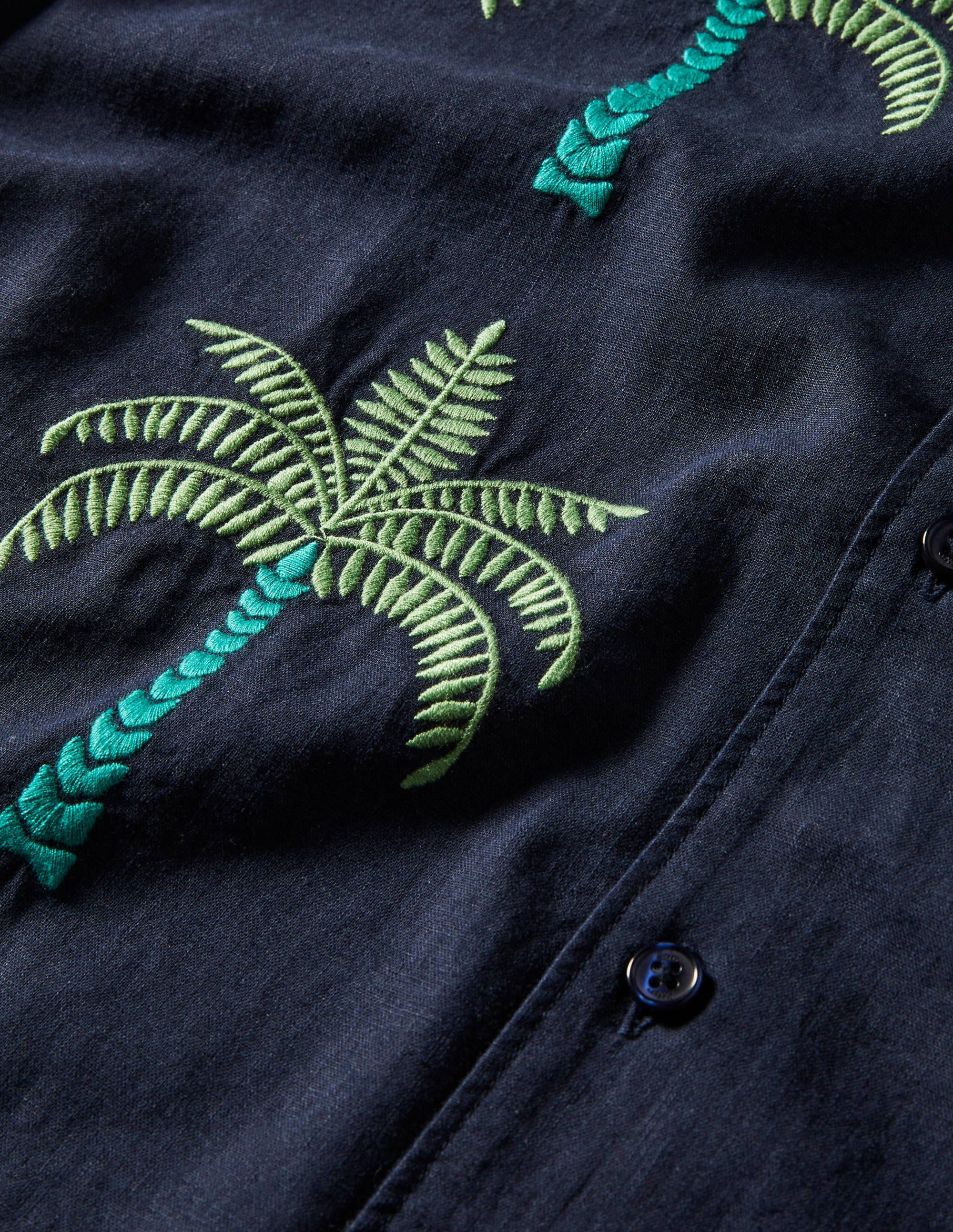 Revere Linen Cotton shirt-Navy Embroidered Palm Tree - Image 5