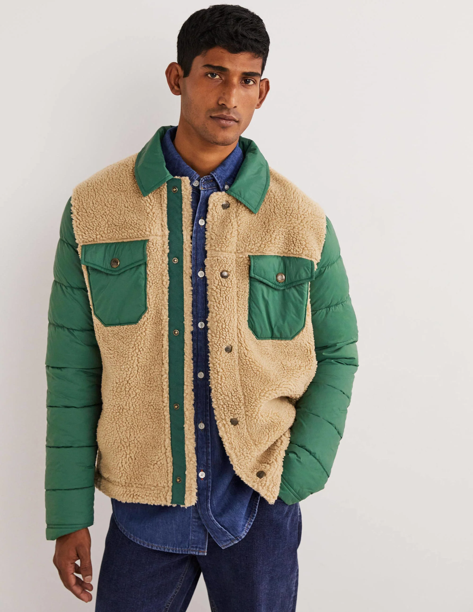 Sherpa/Nylon Shacket-Hunter Green/Ecru