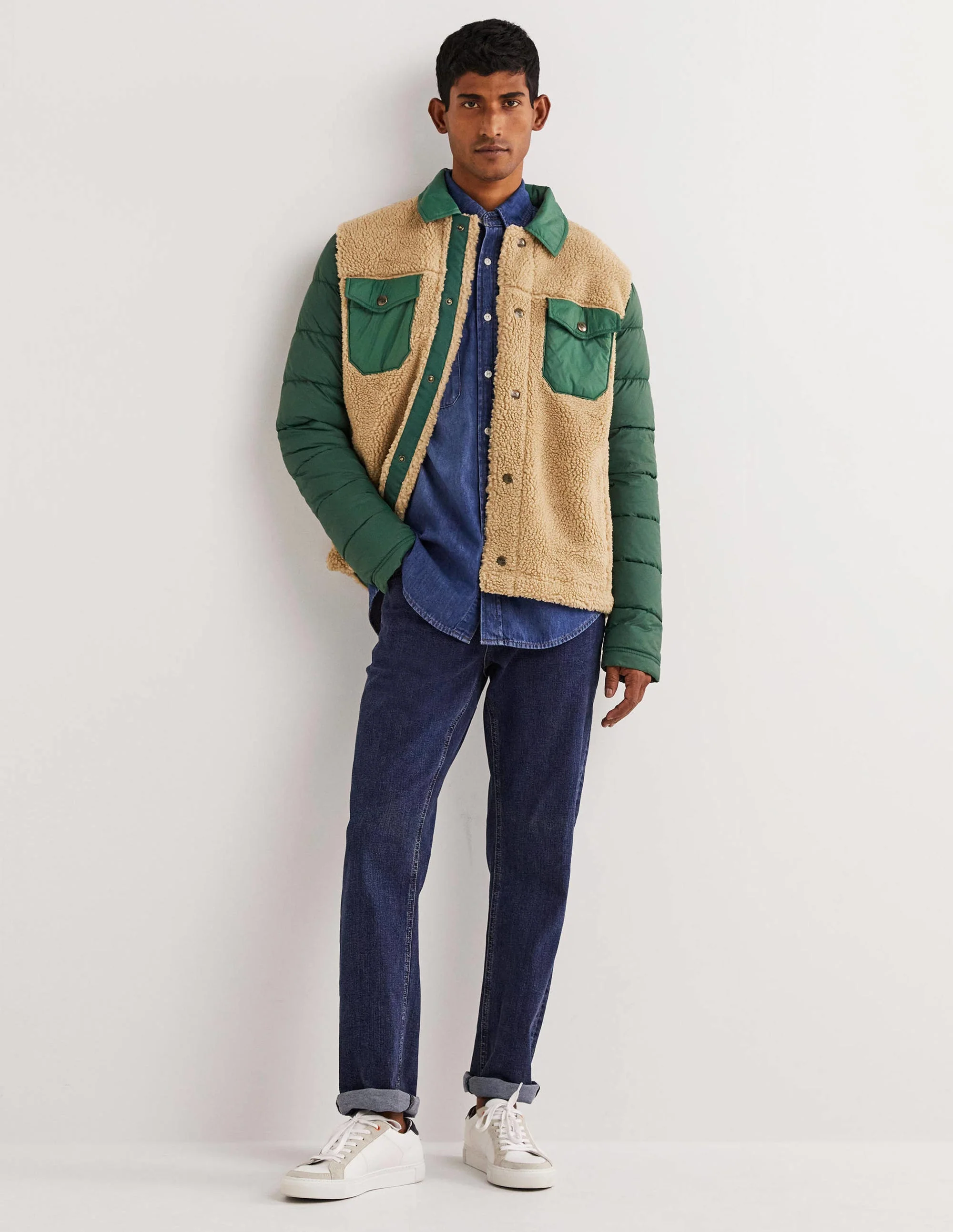 Sherpa/Nylon Shacket-Hunter Green/Ecru - Image 4