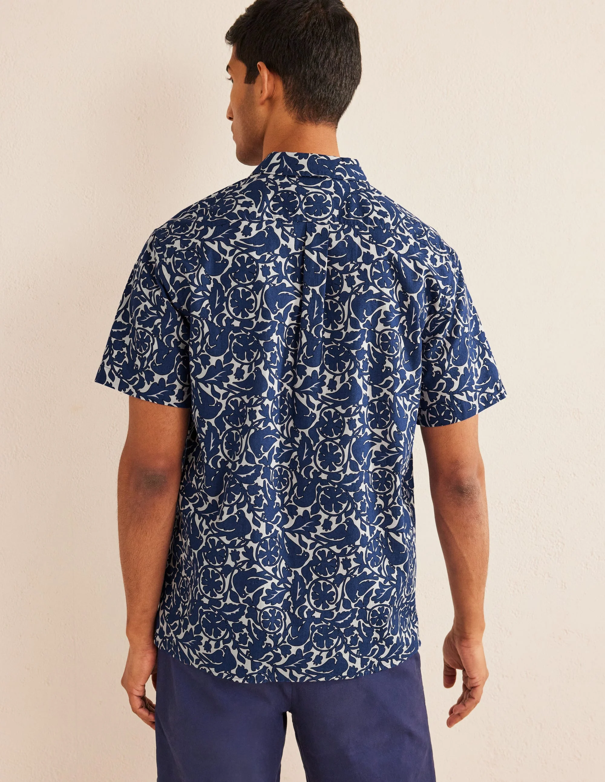 Textured Revere Collar Shirt-Blue Bird Print - Image 3