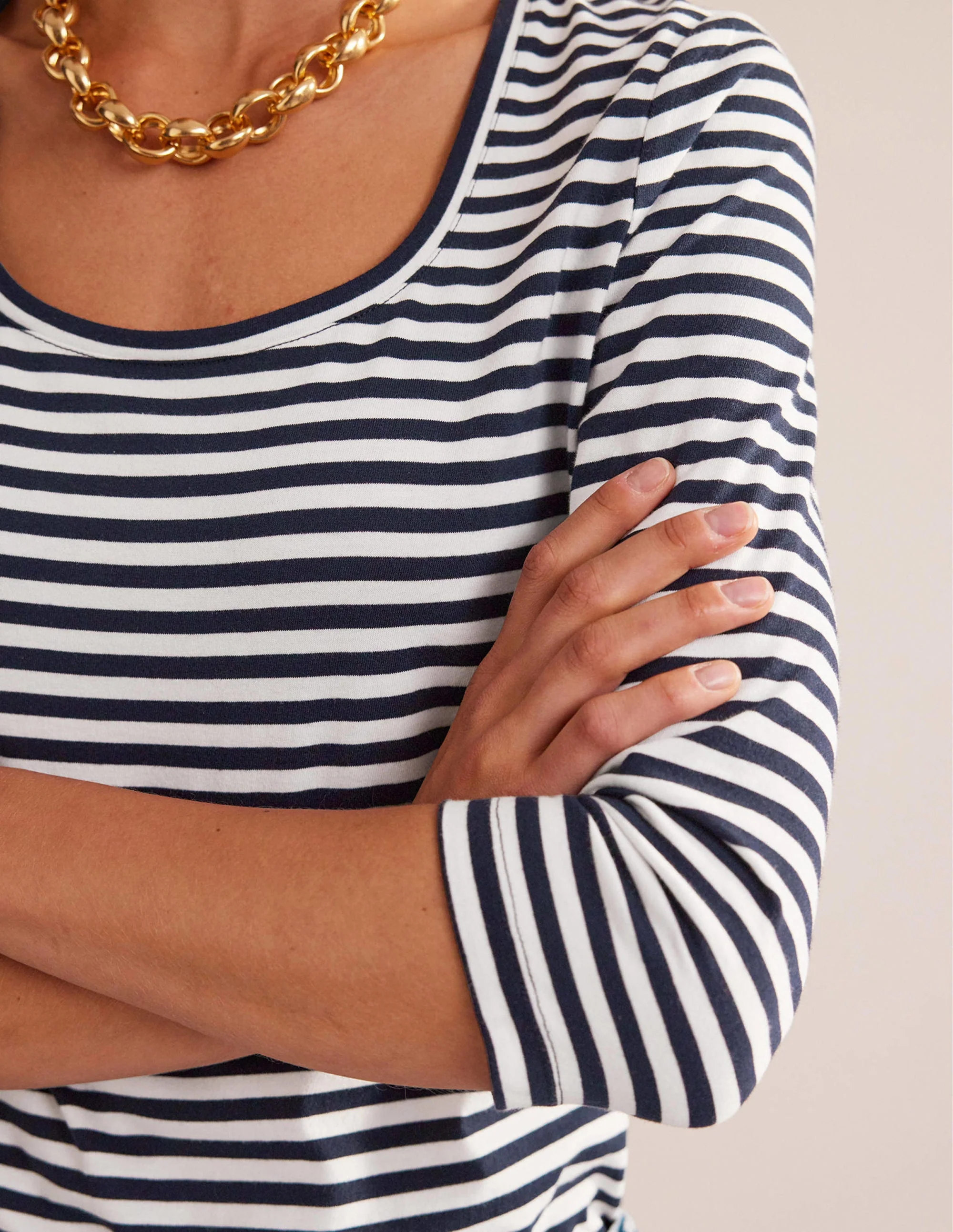 3/4 Sleeve Scoop Neck Top-Ivory, Navy - Image 2