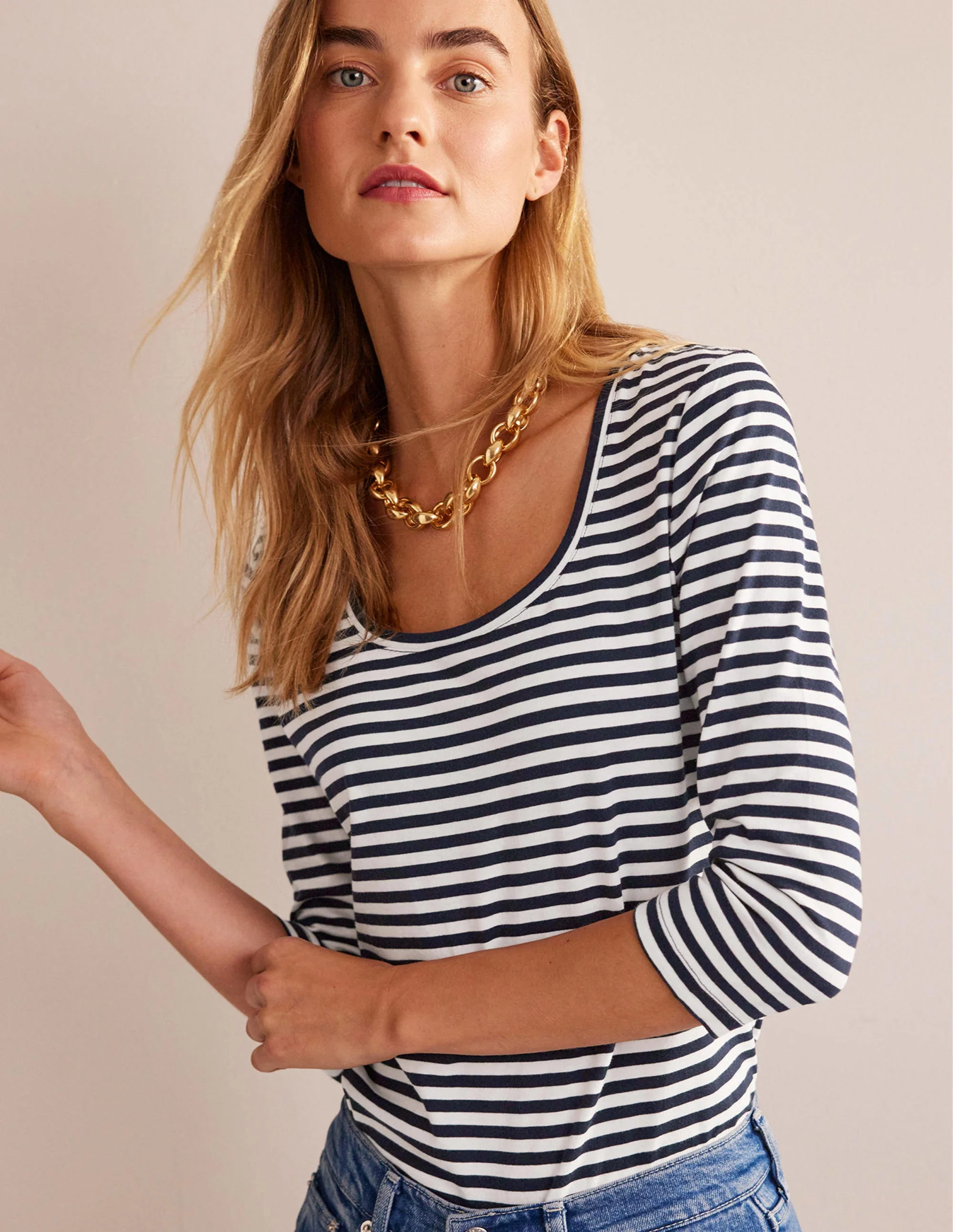 3/4 Sleeve Scoop Neck Top-Ivory, Navy - Image 4