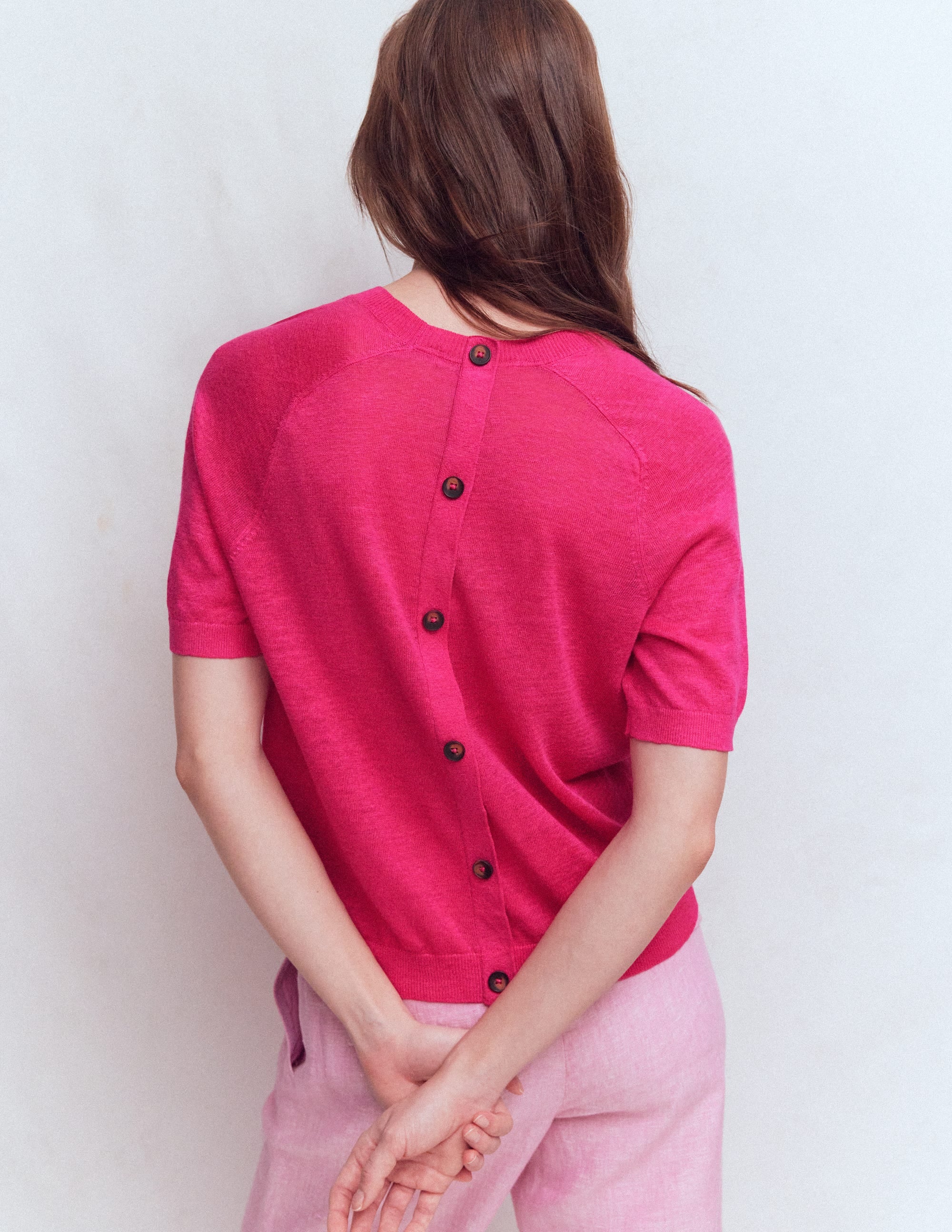 Agnes Linen Button T-Shirt-Pink Peony - Image 3