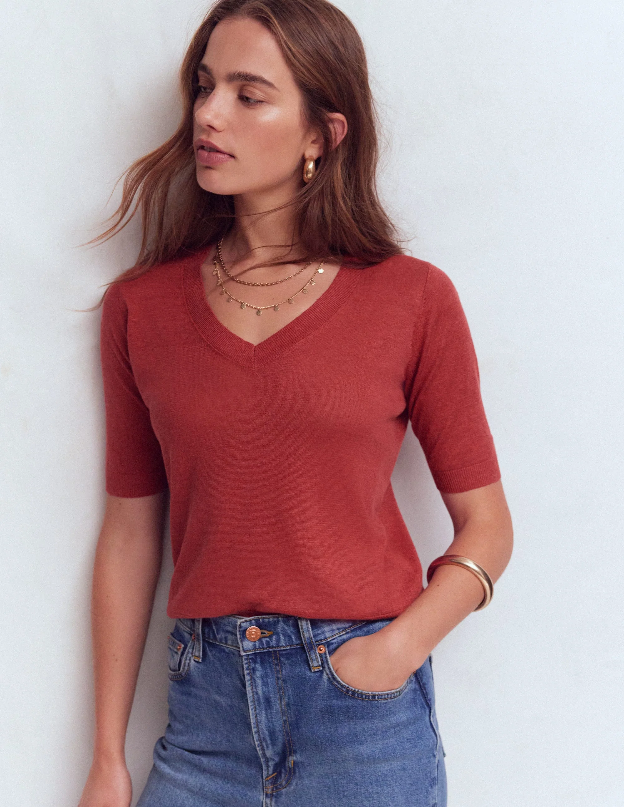 Agnes Linen V Neck T-Shirt-Burnt Orange - Image 4