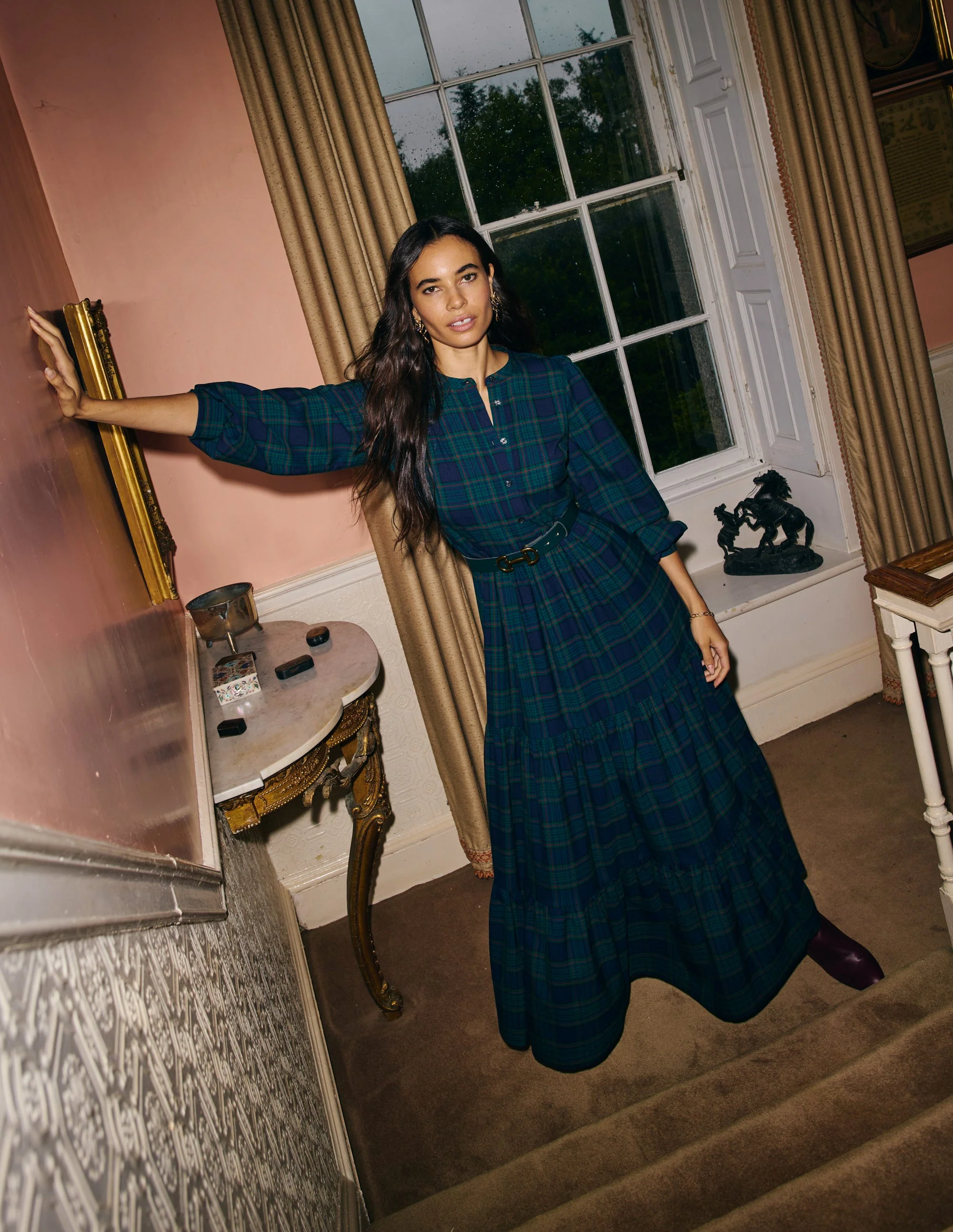 Alba Check Maxi Dress-Navy and Green Check - Image 8