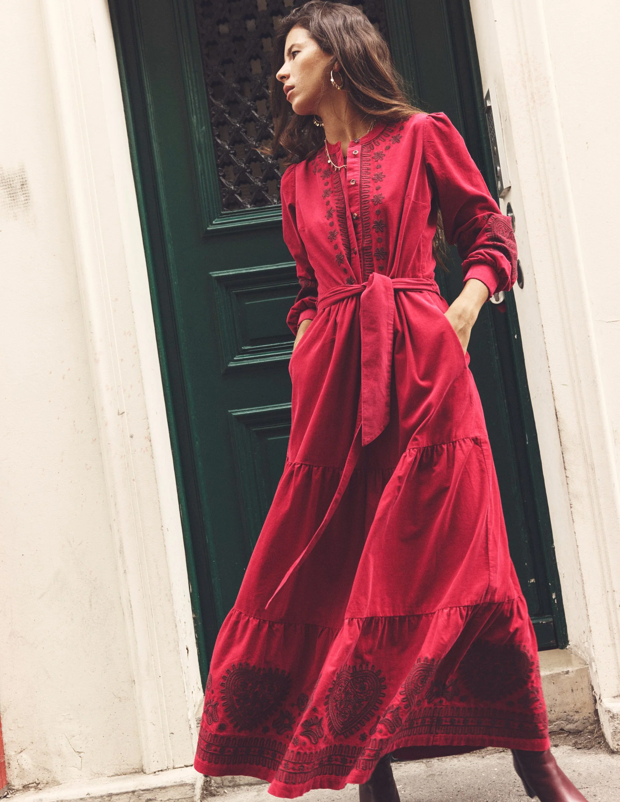 Alba Cord Maxi Dress-Cherry Jam, Embroidered - Image 7