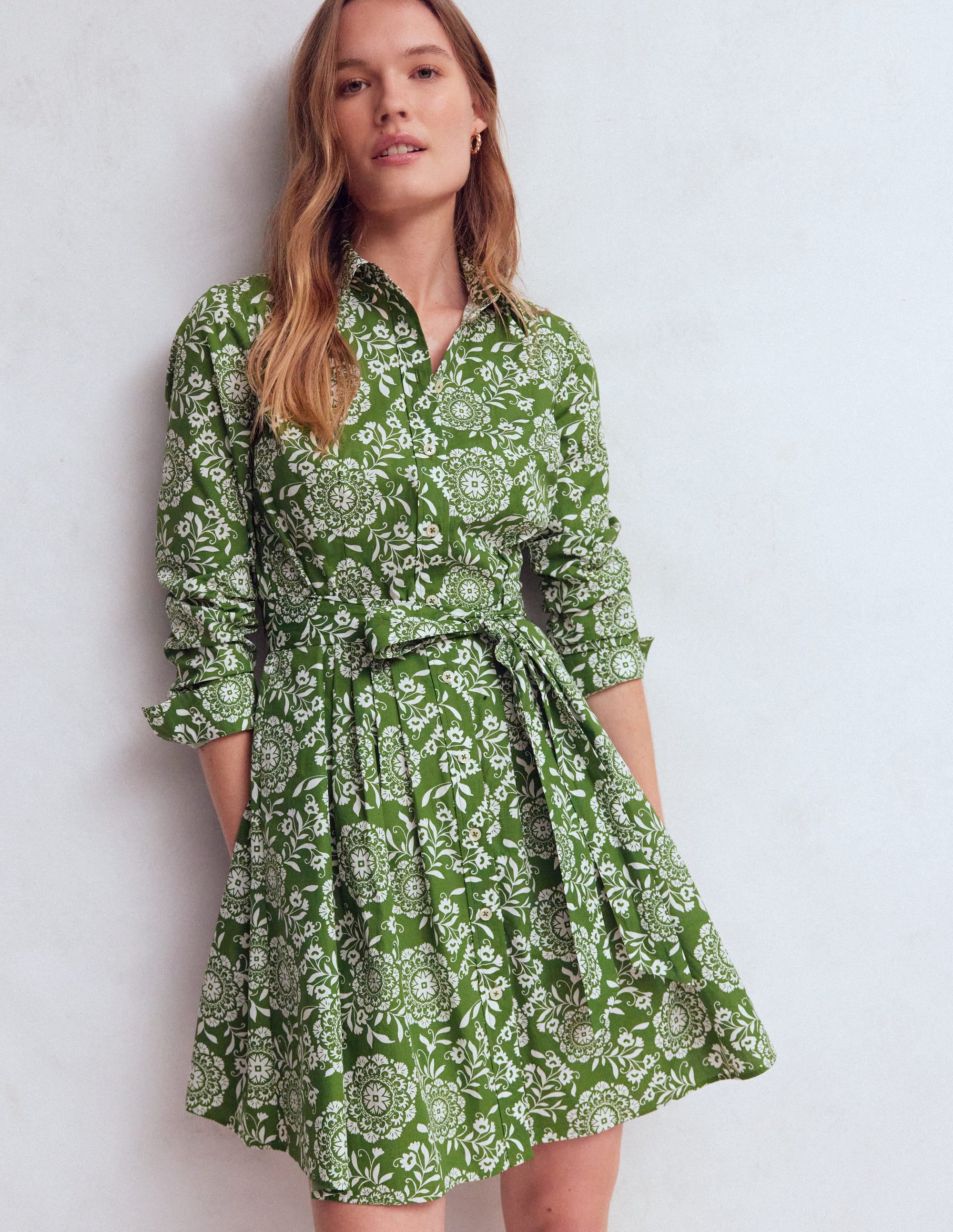 Alexa Long Sleeve Short Dress-Green, Decorative Blossom - Image 6