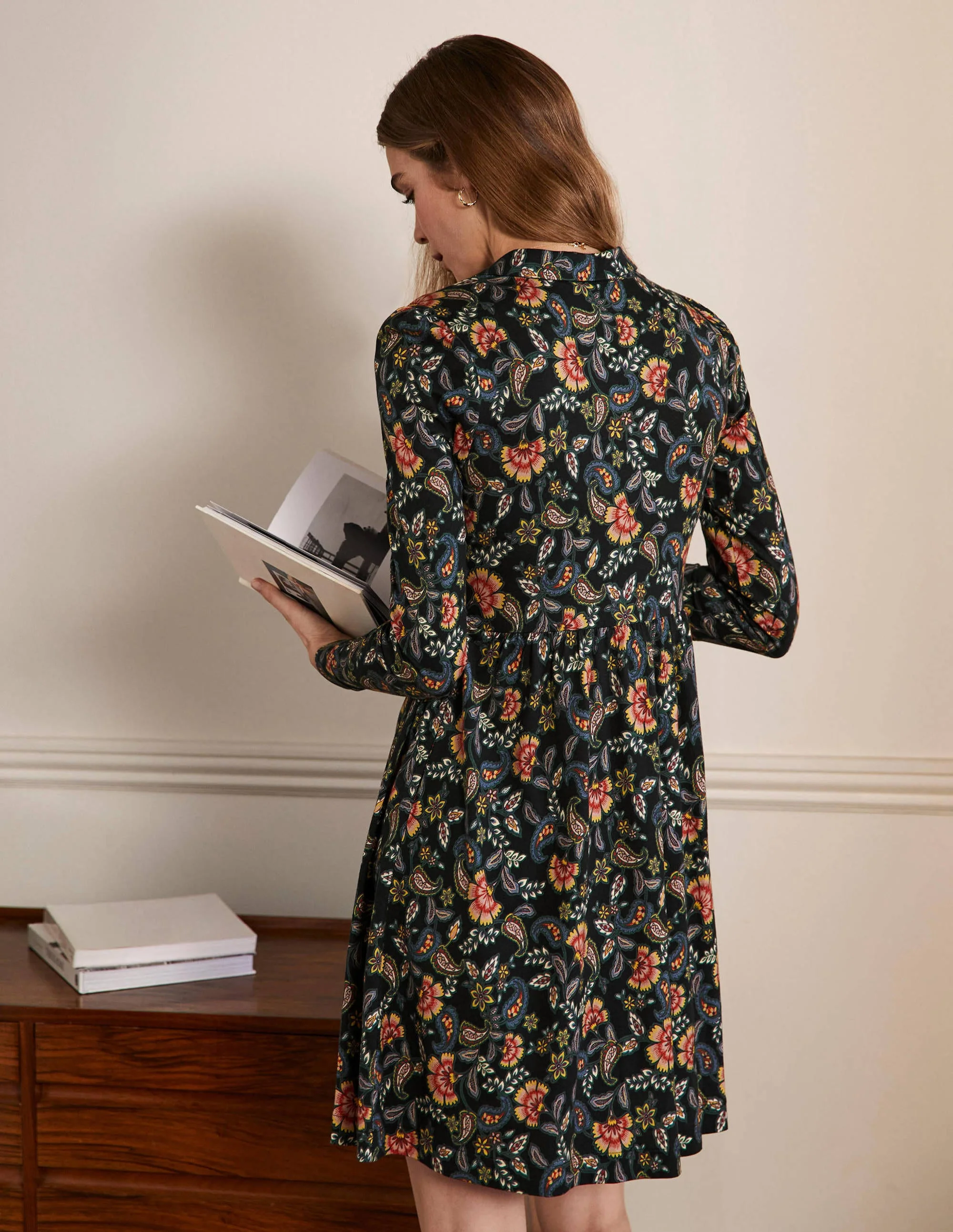 Alma Jersey Shirt Dress-Black, Exotic Floral - Image 3