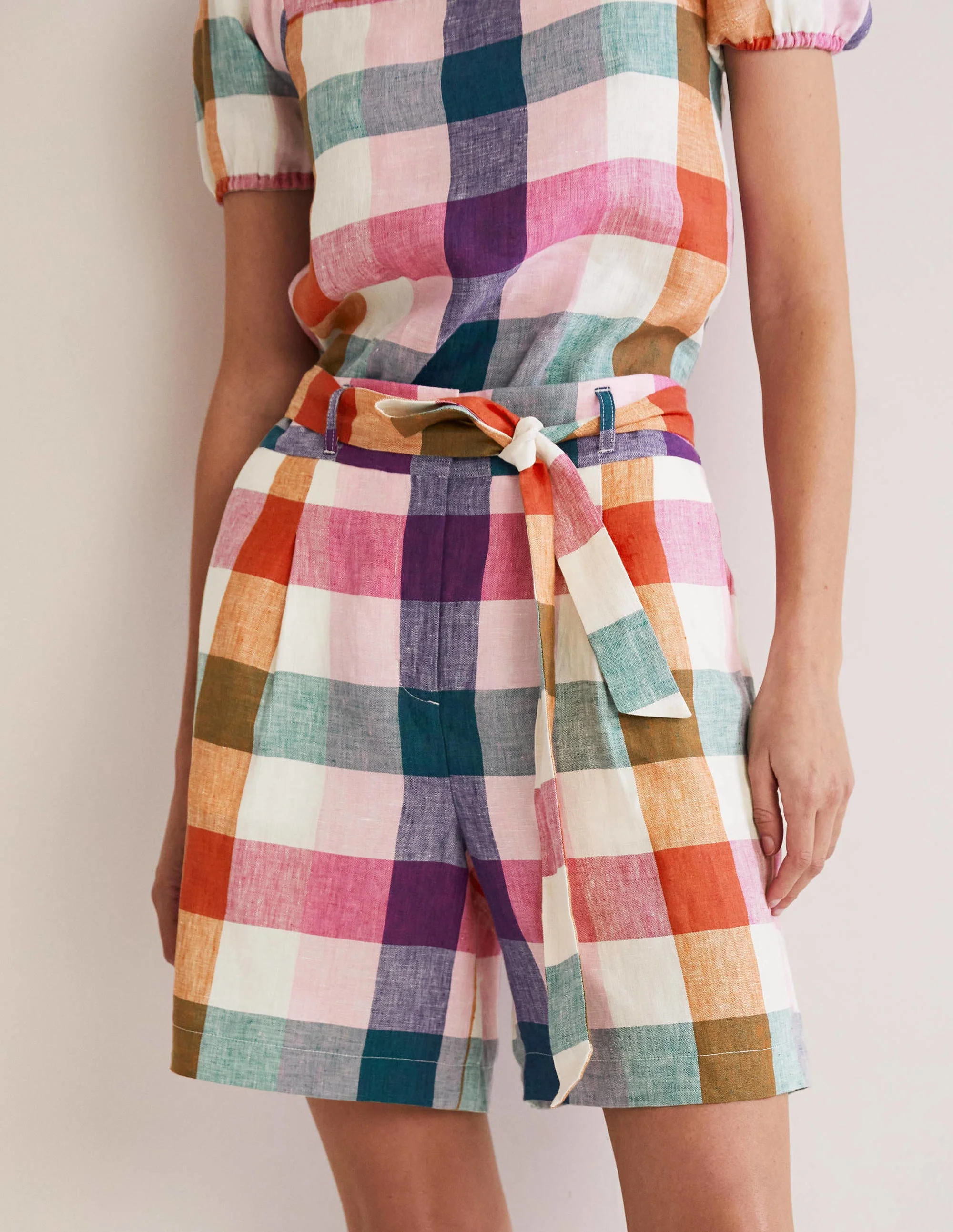 Alma Tie Waist Linen Shorts-Bonbon Pink, Flambe Check - Image 3
