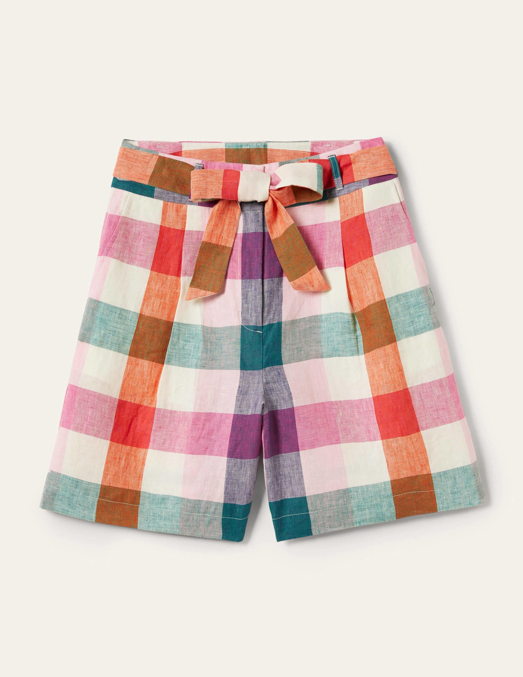 Alma Tie Waist Linen Shorts-Bonbon Pink, Flambe Check - Image 5