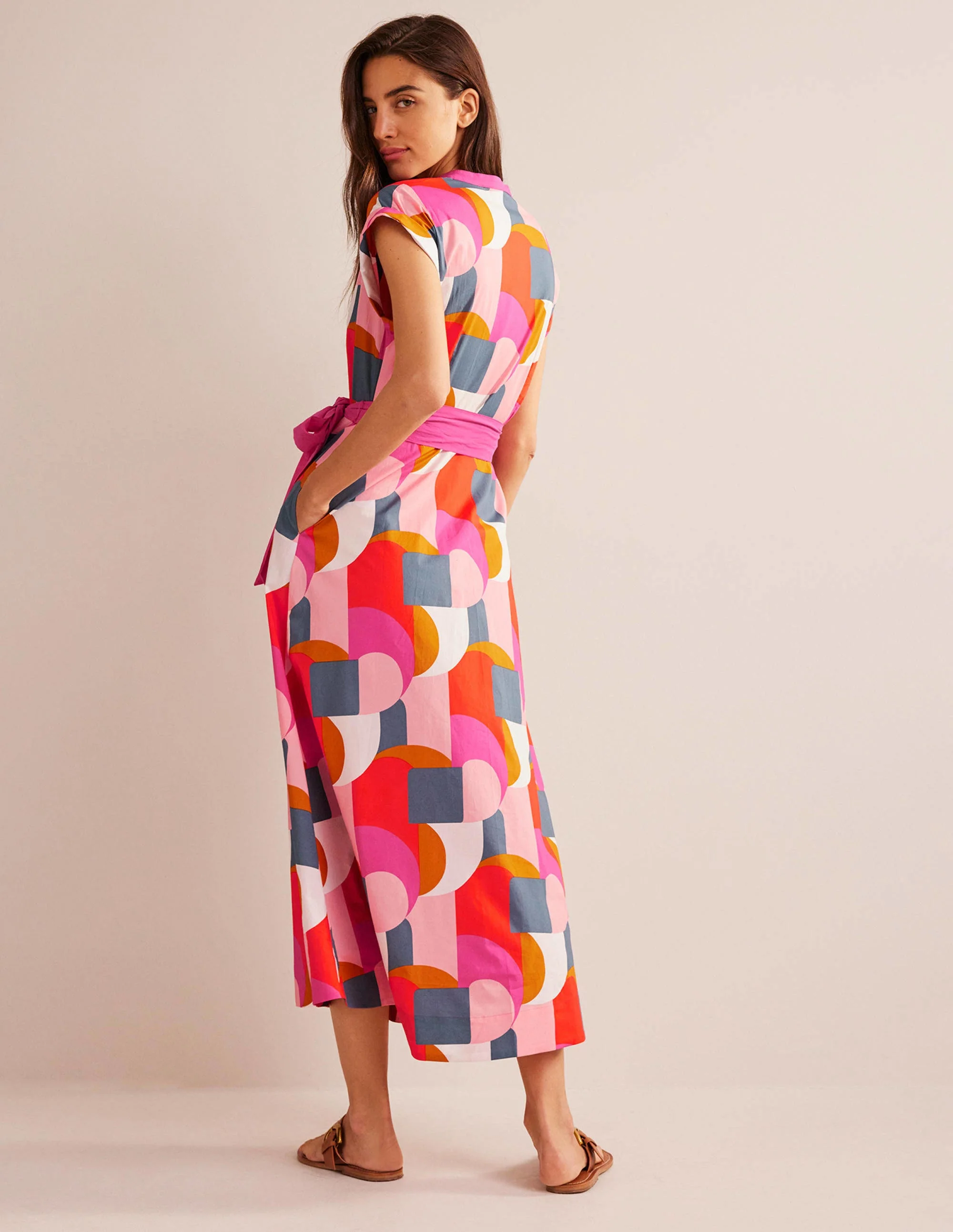 Amanda Cotton Midi Shirt Dress-Festival Pink, Geometric Swirl - Image 3