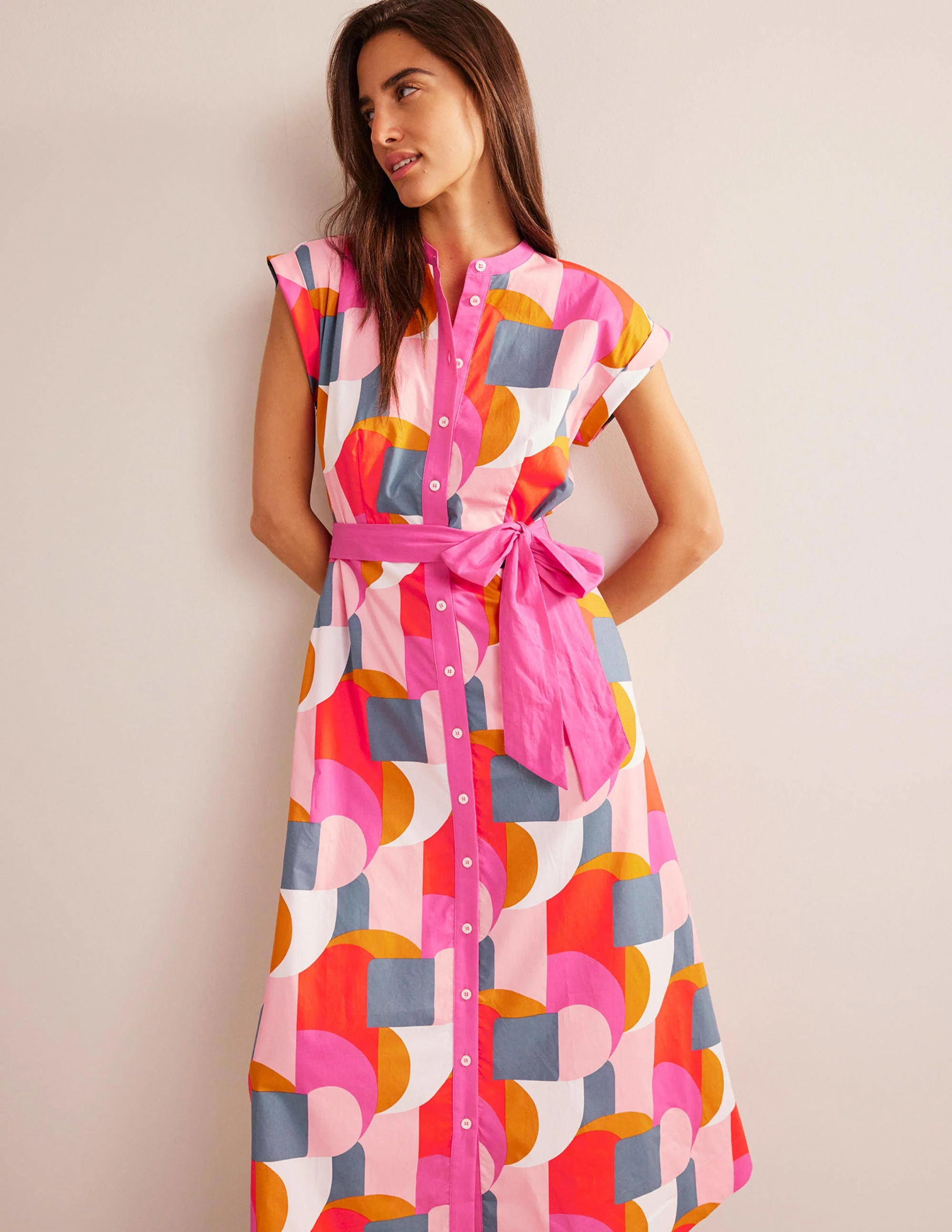 Amanda Cotton Midi Shirt Dress-Festival Pink, Geometric Swirl - Image 4