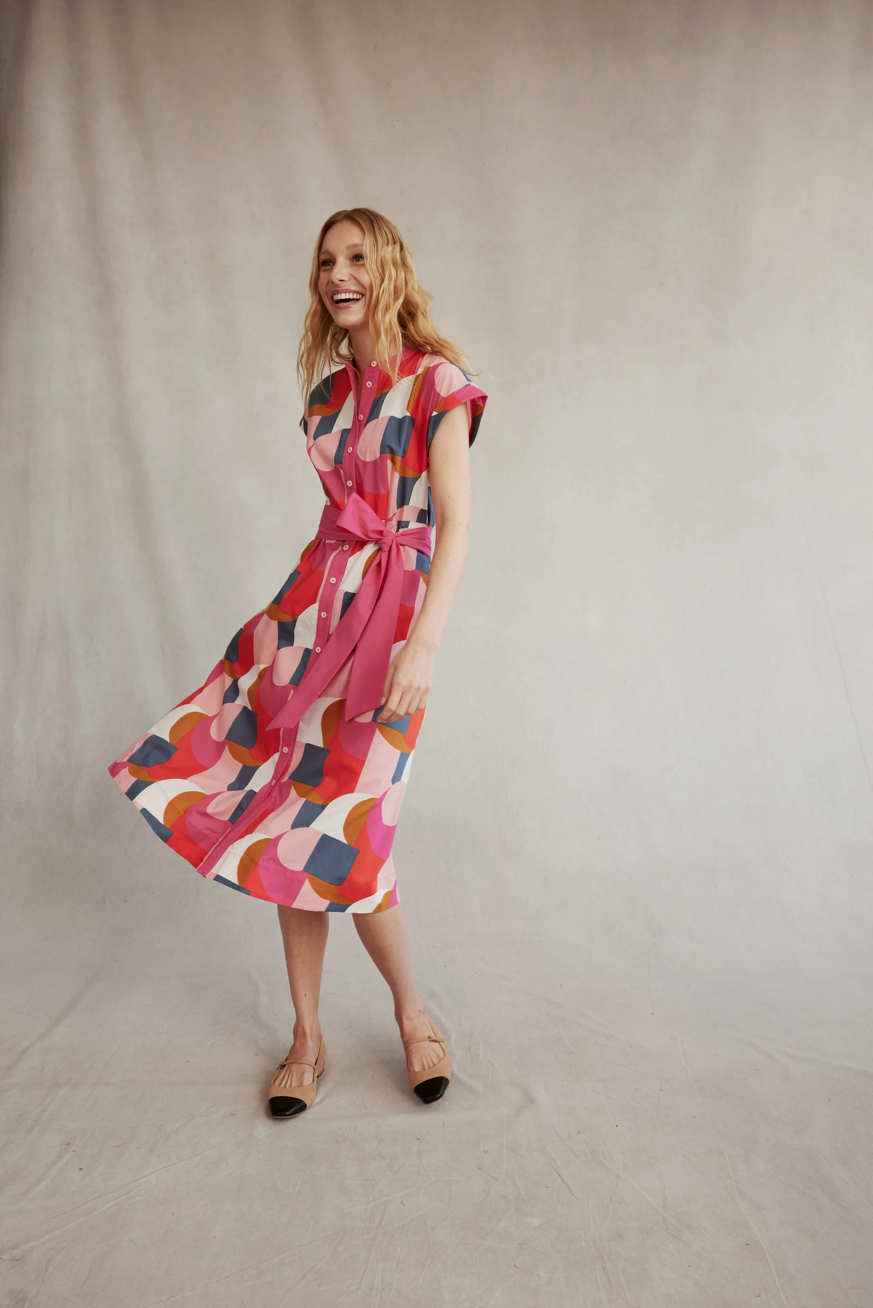 Amanda Cotton Midi Shirt Dress-Festival Pink, Geometric Swirl - Image 5