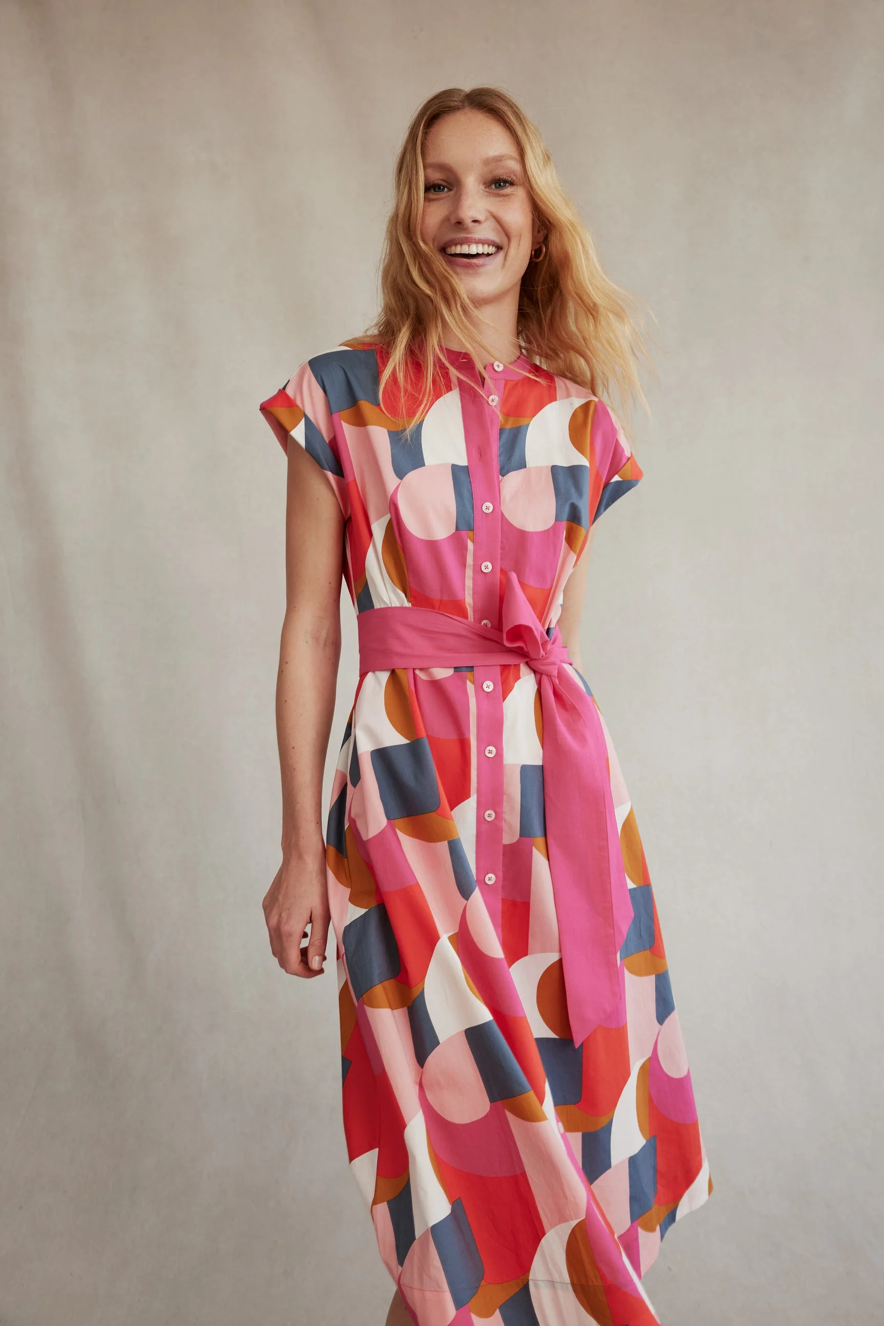 Amanda Cotton Midi Shirt Dress-Festival Pink, Geometric Swirl - Image 6