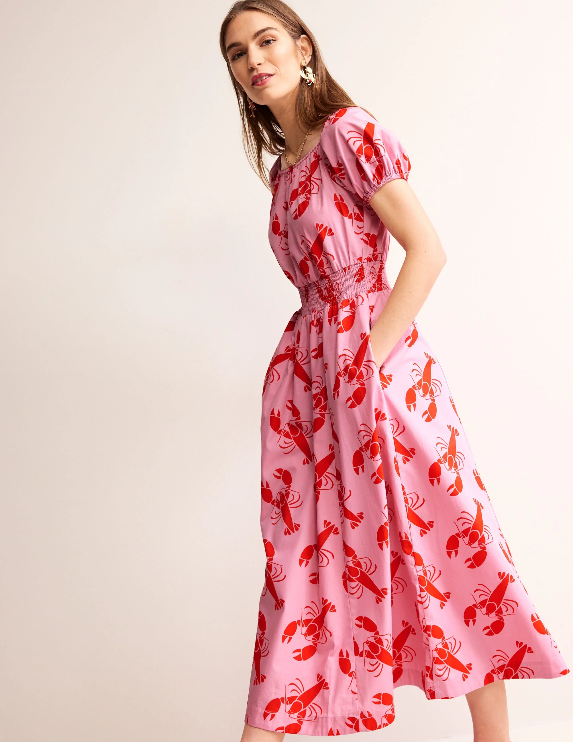 Amber Shirred Waist Dress-Cashmere Rose, Lobster - Image 4