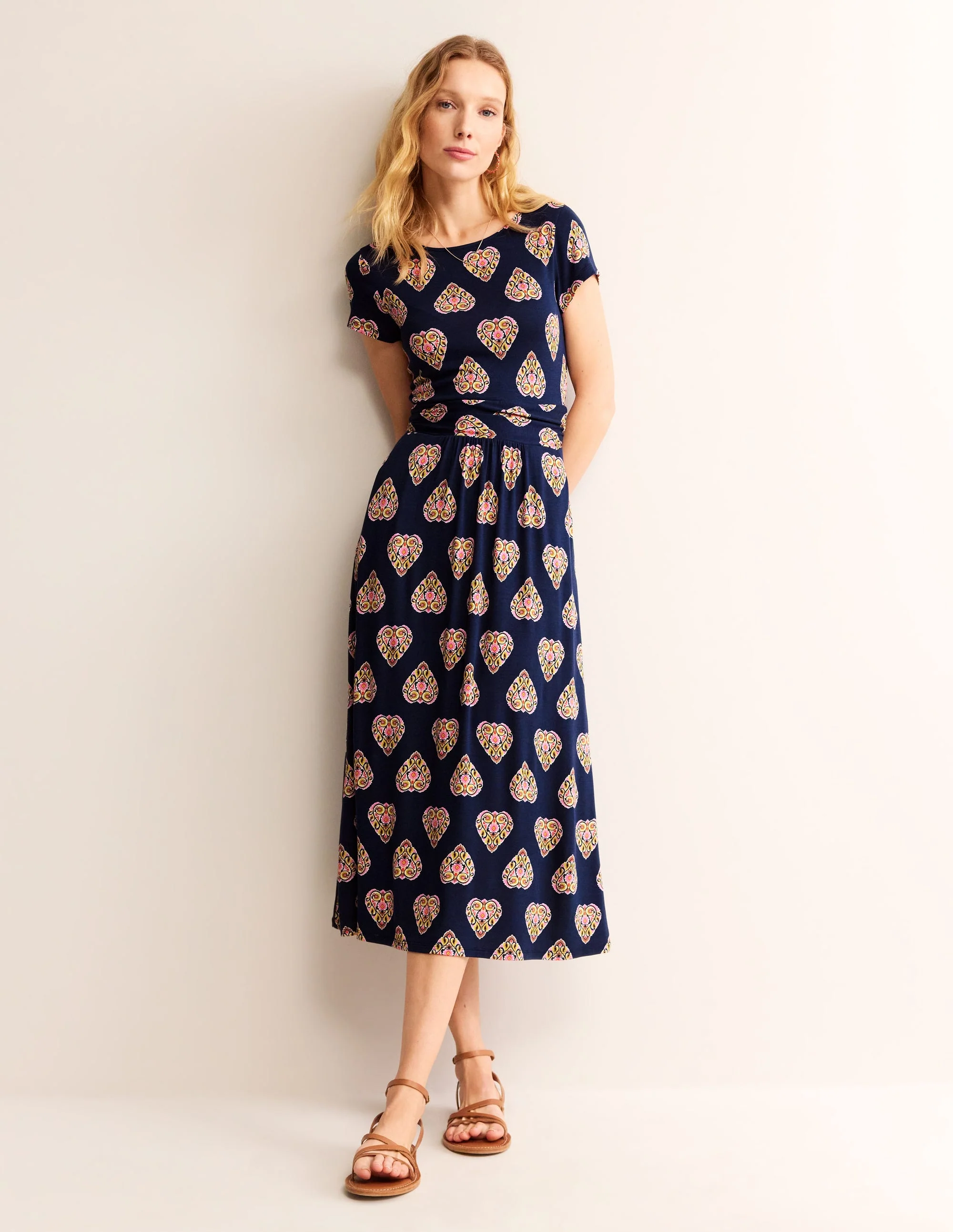 Amelie Jersey Midi Dress-French Navy, Flora Stamp - Image 2