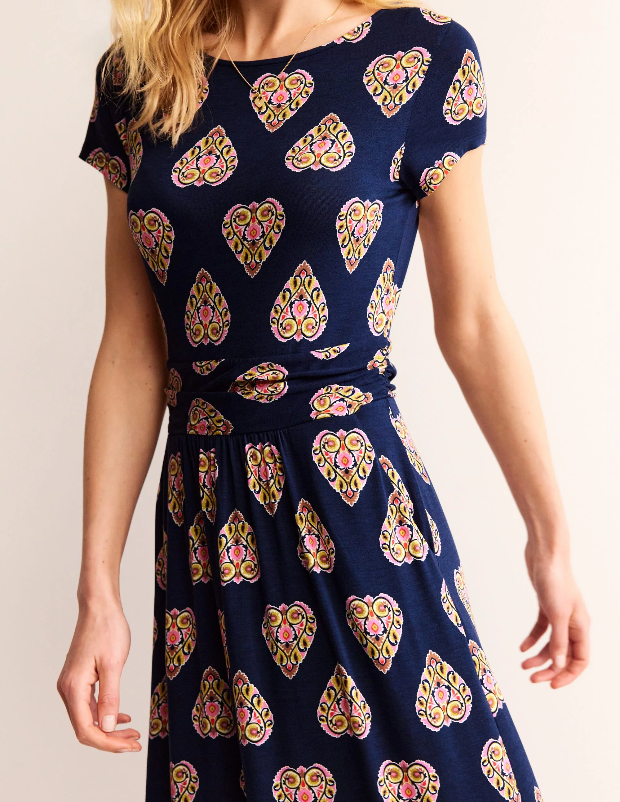 Amelie Jersey Midi Dress-French Navy, Flora Stamp - Image 3