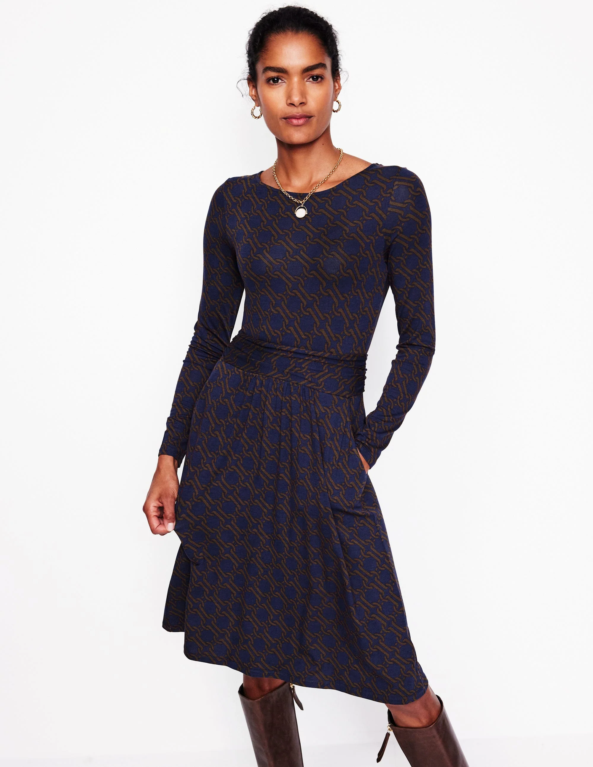Amelie Long Sleeve Dress-Raw Umber, Chain Geo - Image 4