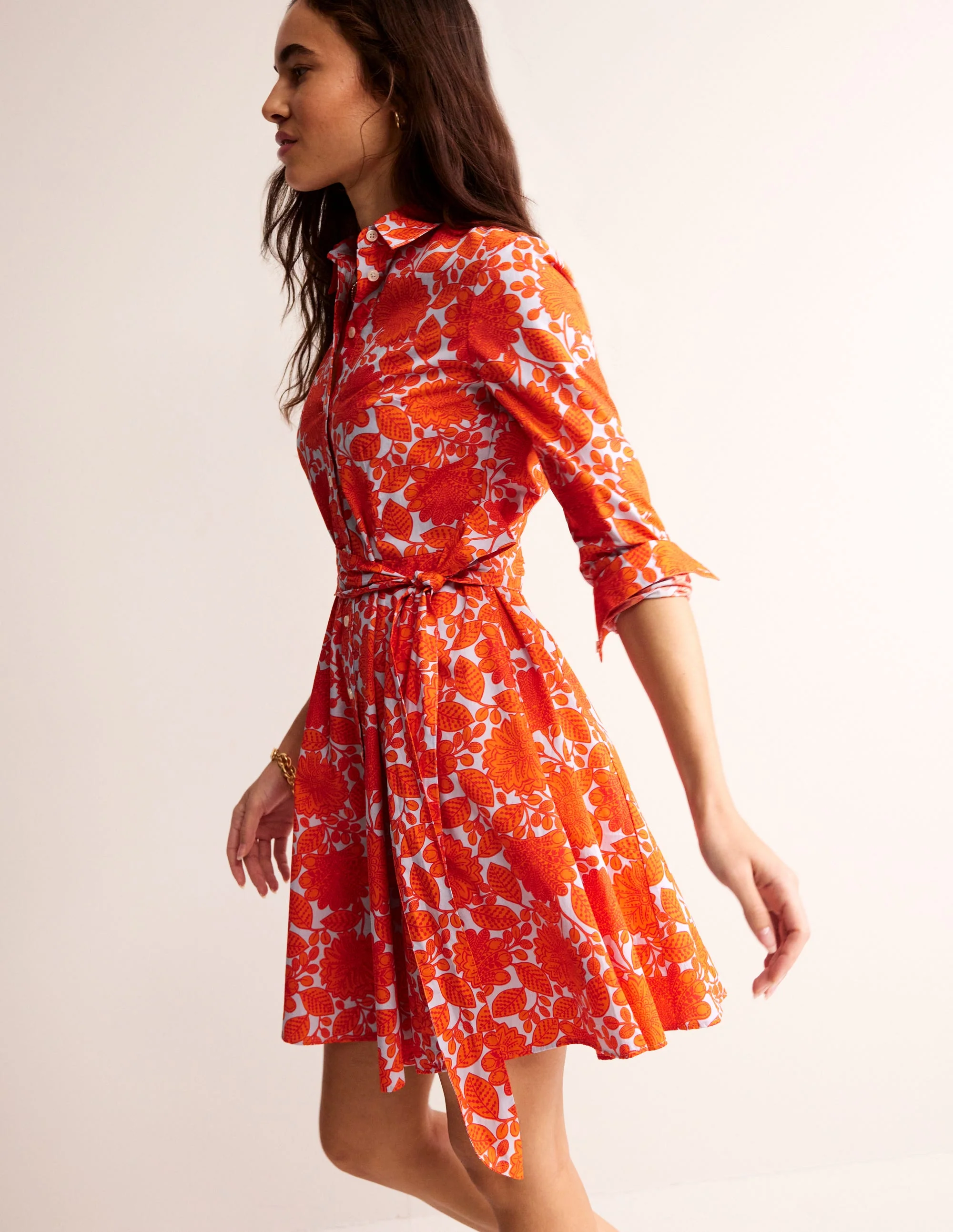 Amy Cotton Short Shirt Dress-Firecracker, Gardenia Swirl - Image 4