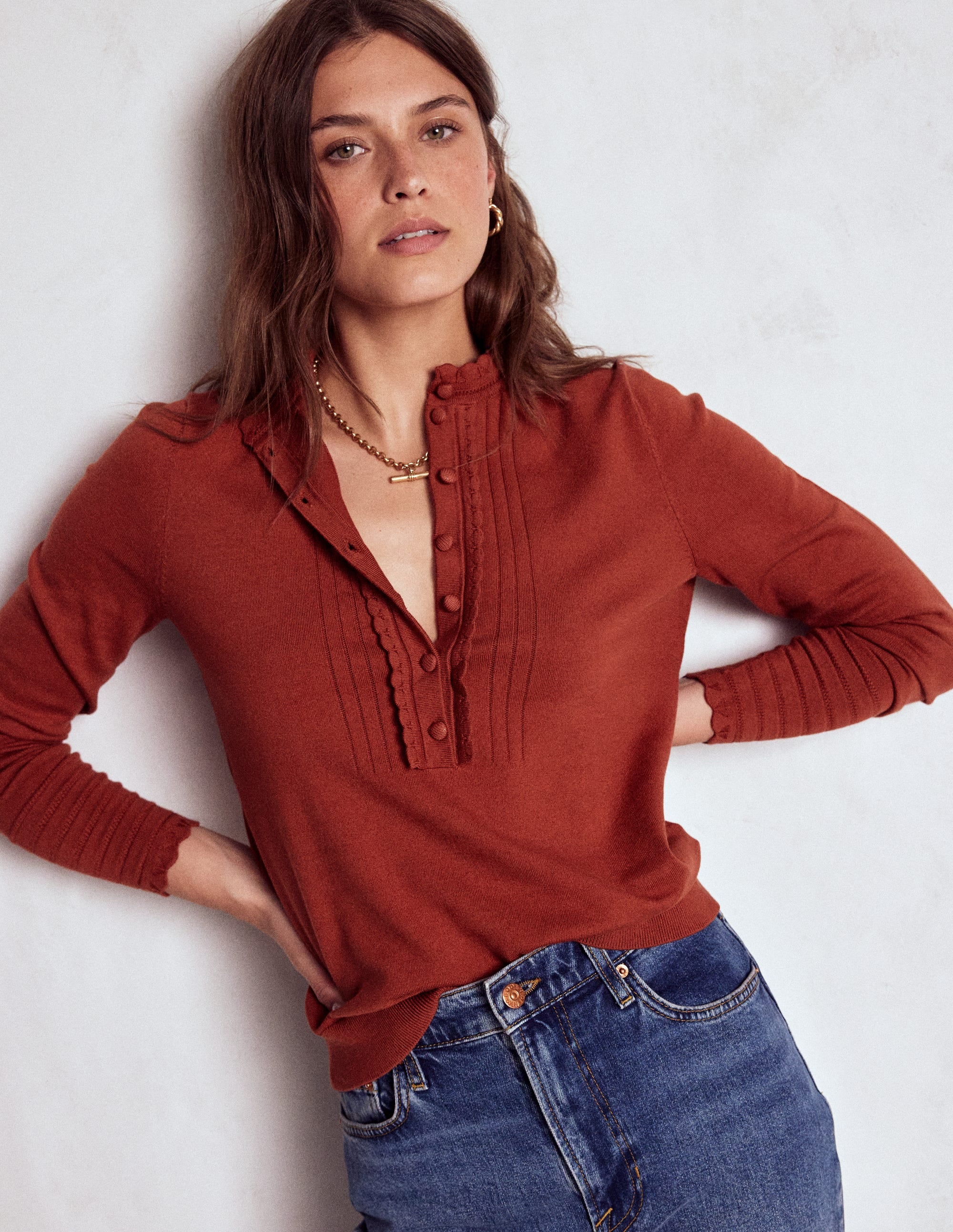 Angela Cotton Scallop Sweater-Roasted Chestnut Brown - Image 5