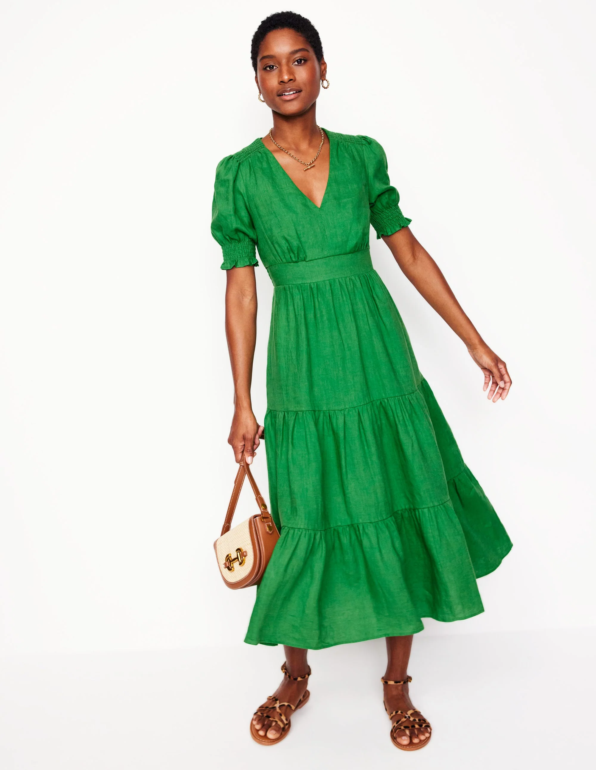 Anna Linen Tiered Midi Dress-Paradise Green - Image 5
