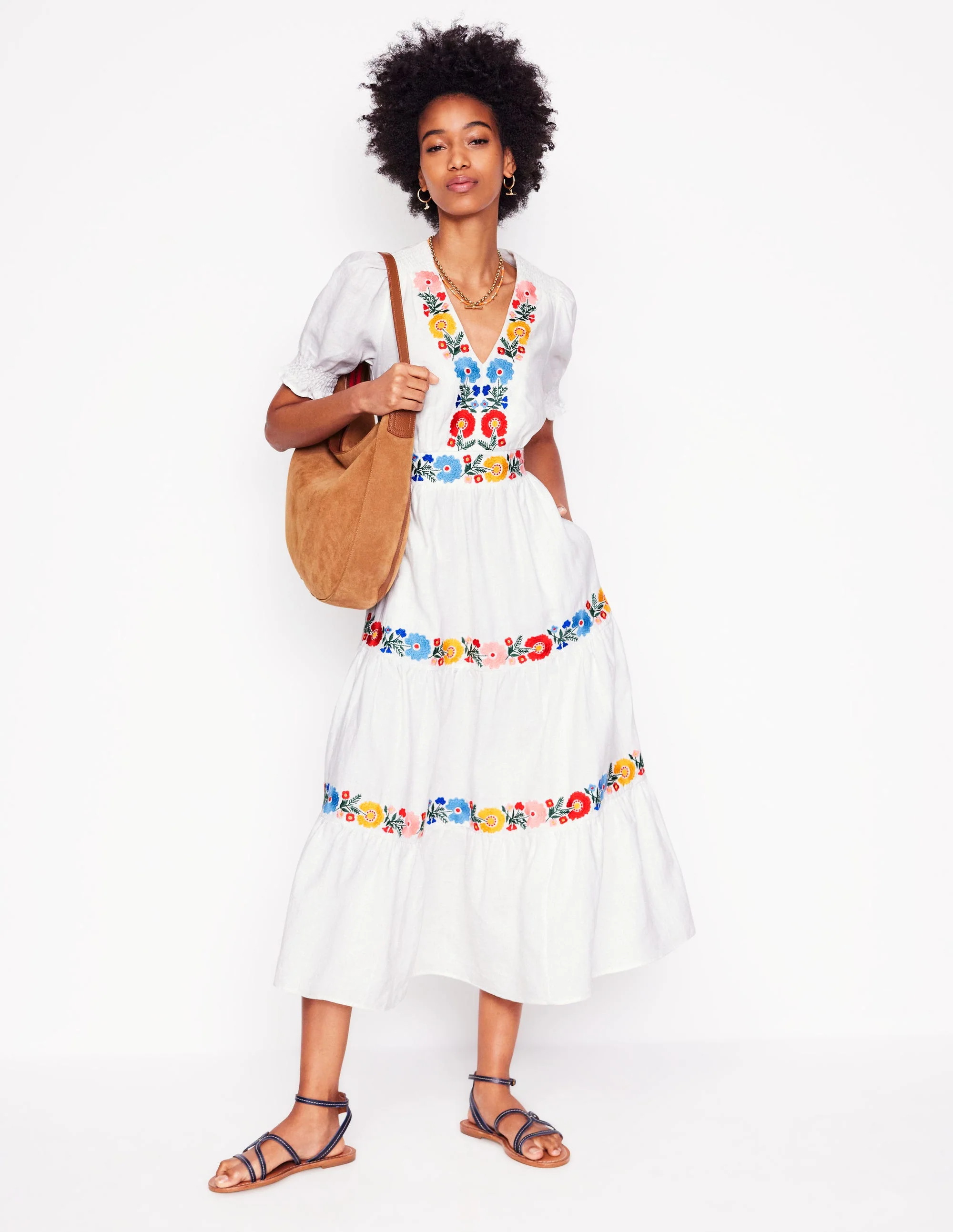 Anna Linen Tiered Midi Dress-White, Multi Embroidery - Image 7