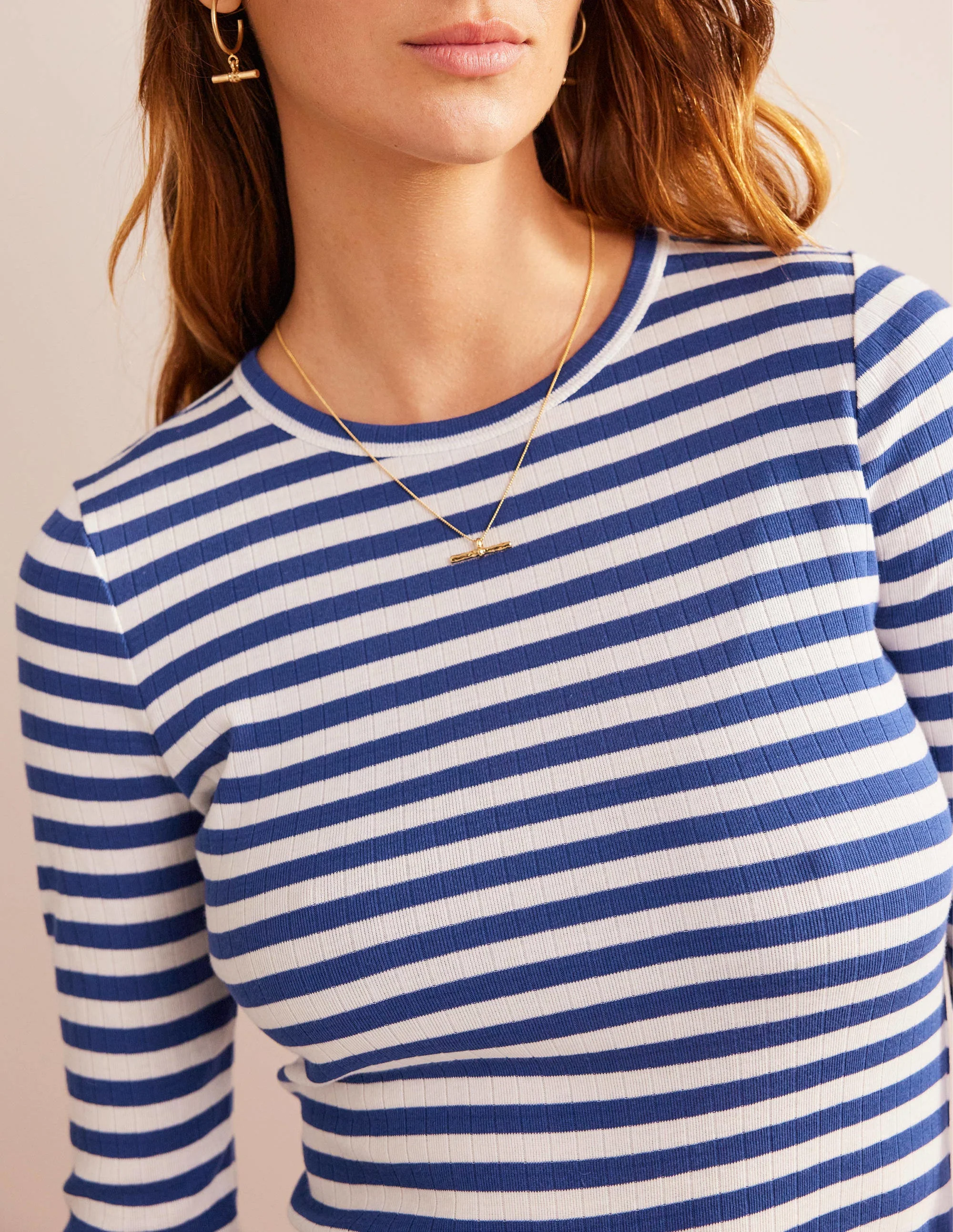 Anna Rib Crew T-Shirt-Lapis Blue, Ivory Stripe - Image 2