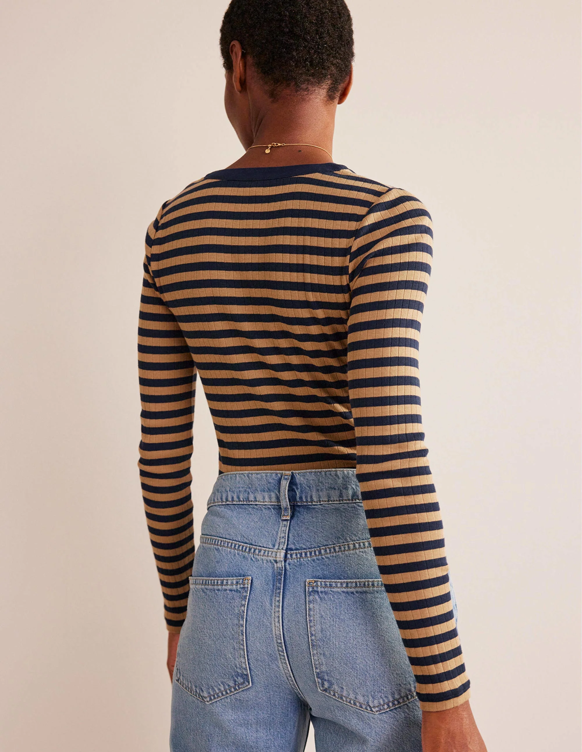Anna Rib Henley T-Shirt-Navy, Camel - Image 3