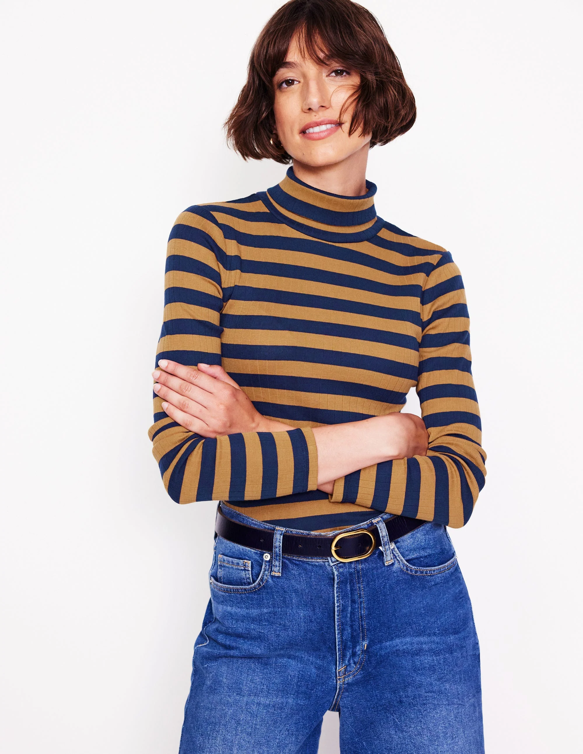 Anna Rib Roll Neck Top-French Navy,Camel - Image 2