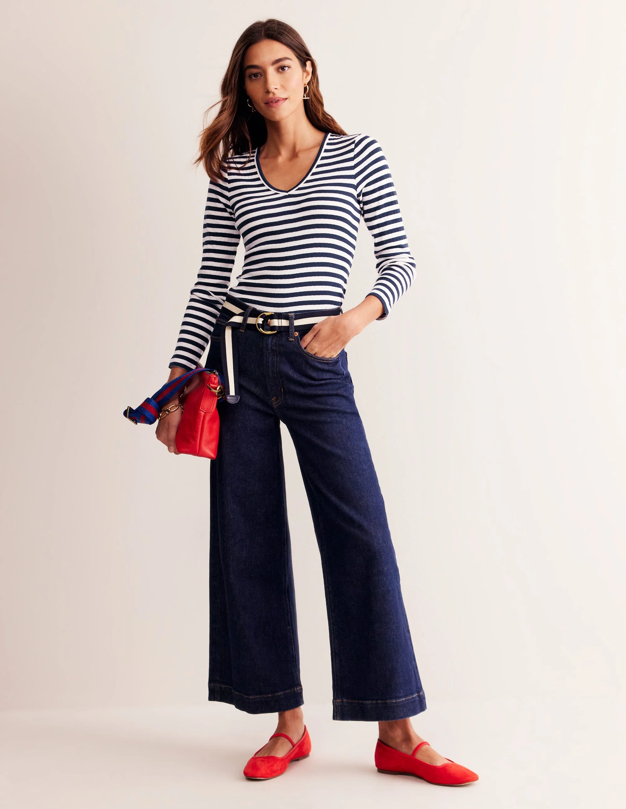 Anna Rib V-Neck T-Shirt-Ivory, Navy Stripe - Image 4
