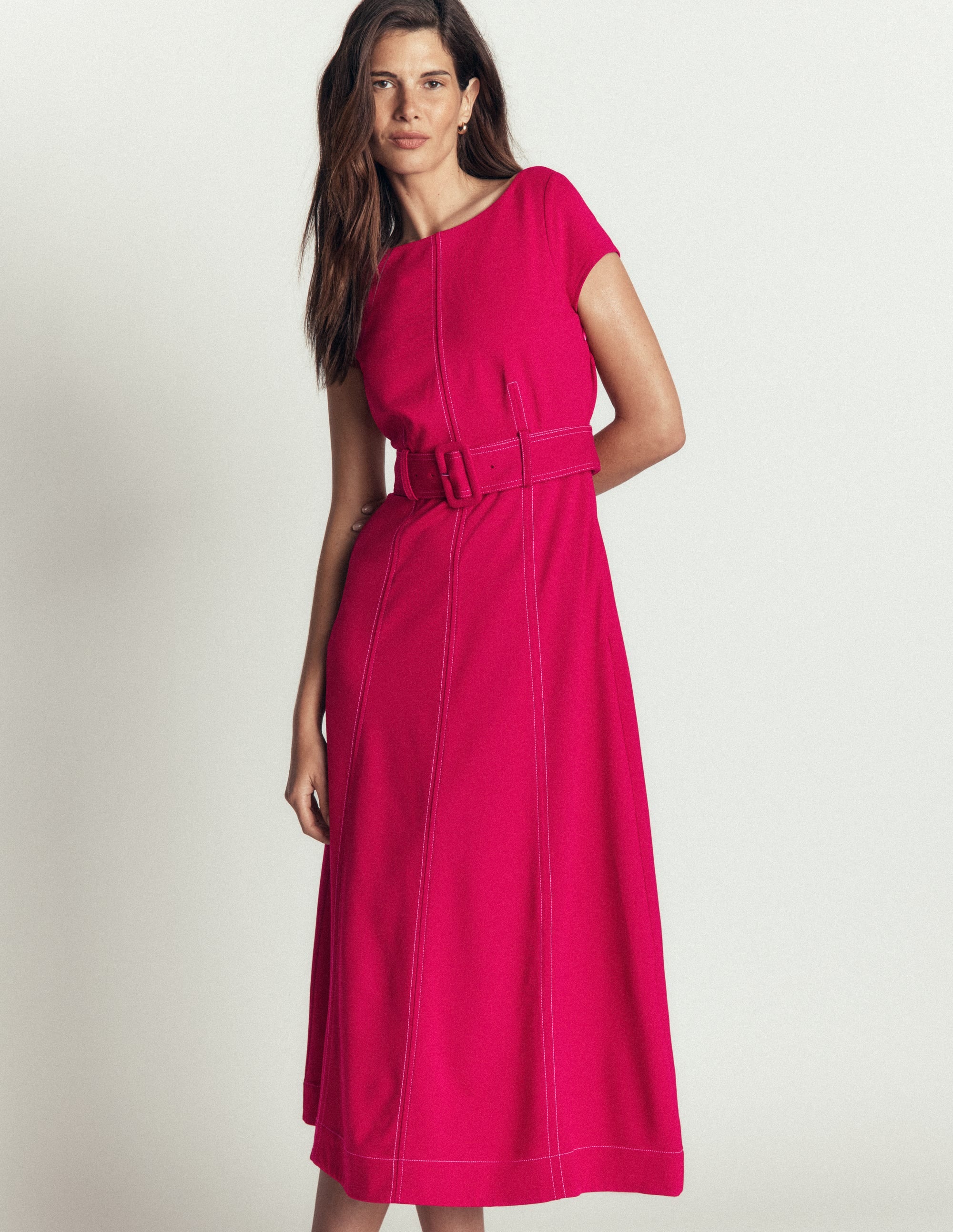 Annet Belted Ponte Midi Dress-Pomegranate