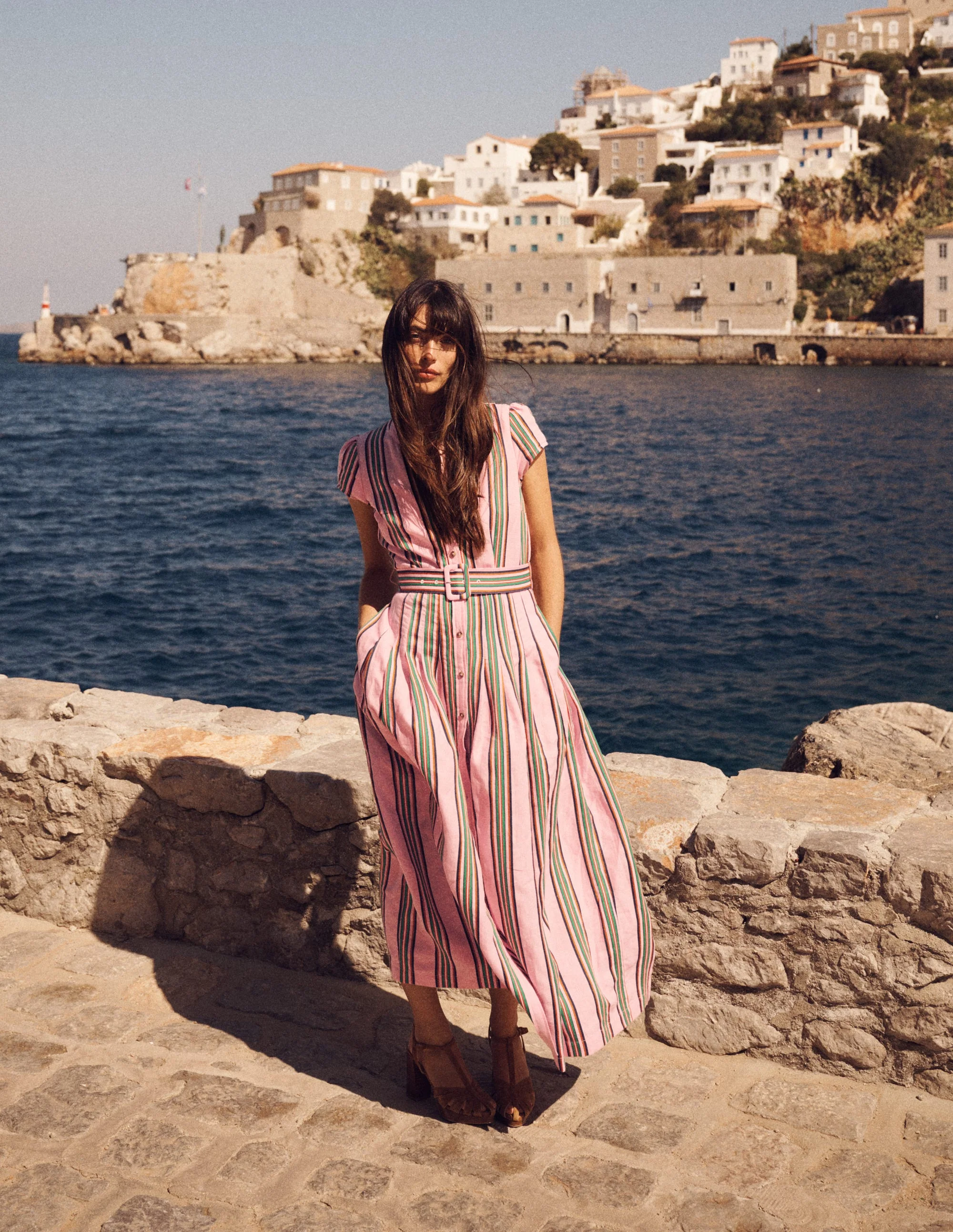Arabella Linen Blend Dress-Pink, Rich Emerald Stripe - Image 6