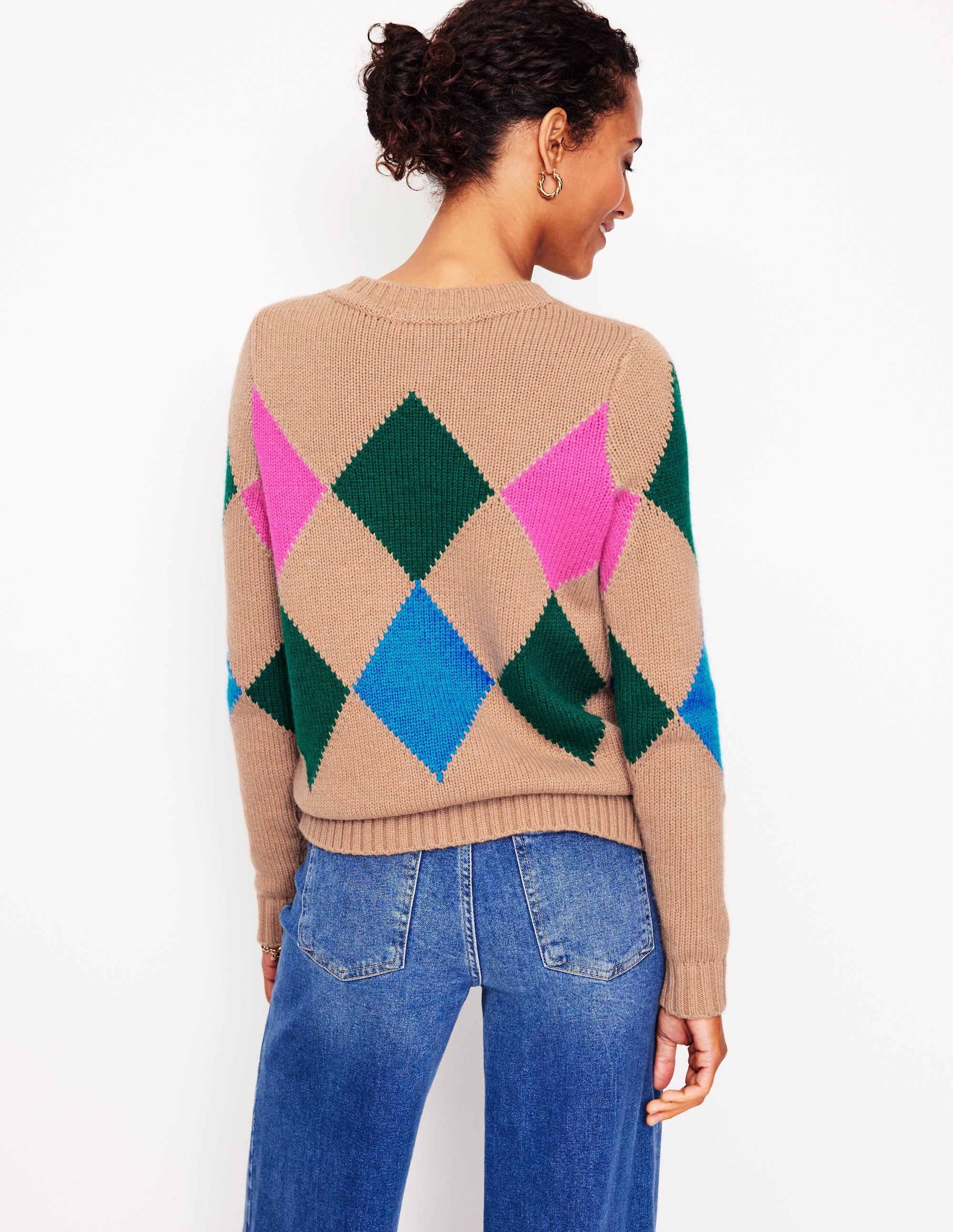 Argyle Crew Neck Jumper-Camel Melange, Multi - Image 2