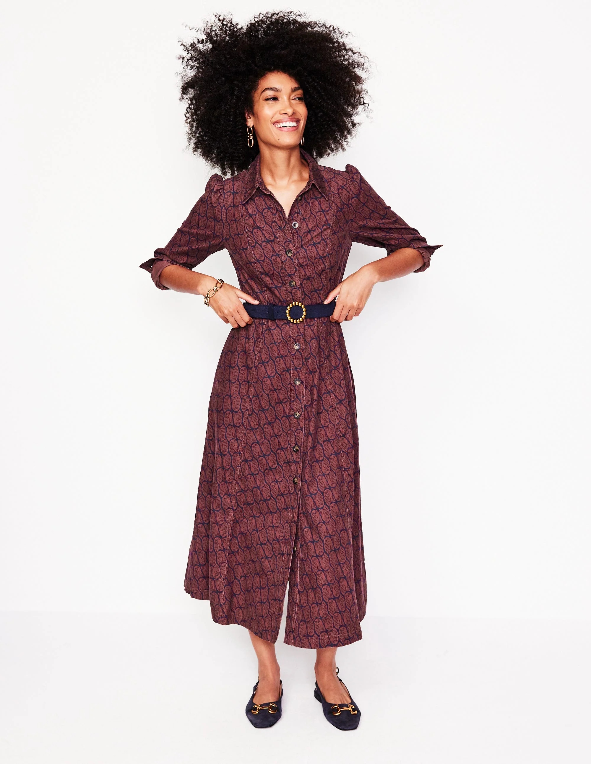 Aubrey Cord Midi Shirt Dress-Chestnut, Owl Stamp - Image 5