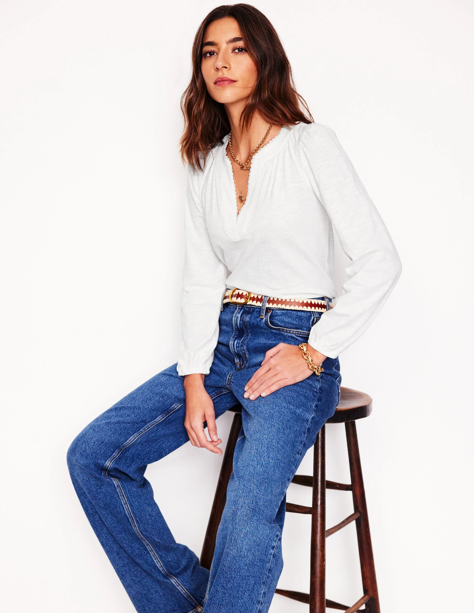 Ava Long Sleeve Trim Top-White - Image 4