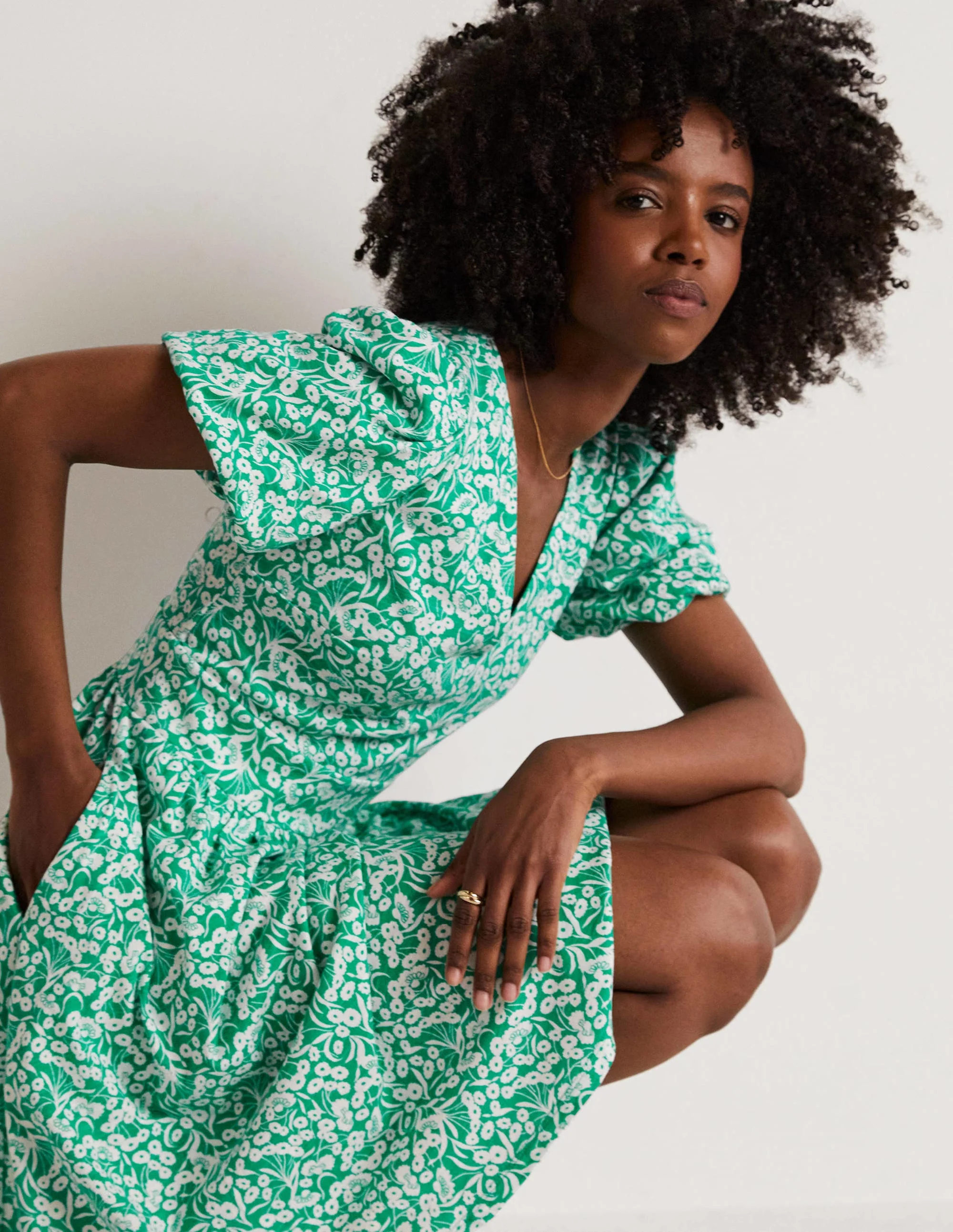 Back Detail Jersey Mini Dress-Emerald, Floret Bud - Image 10