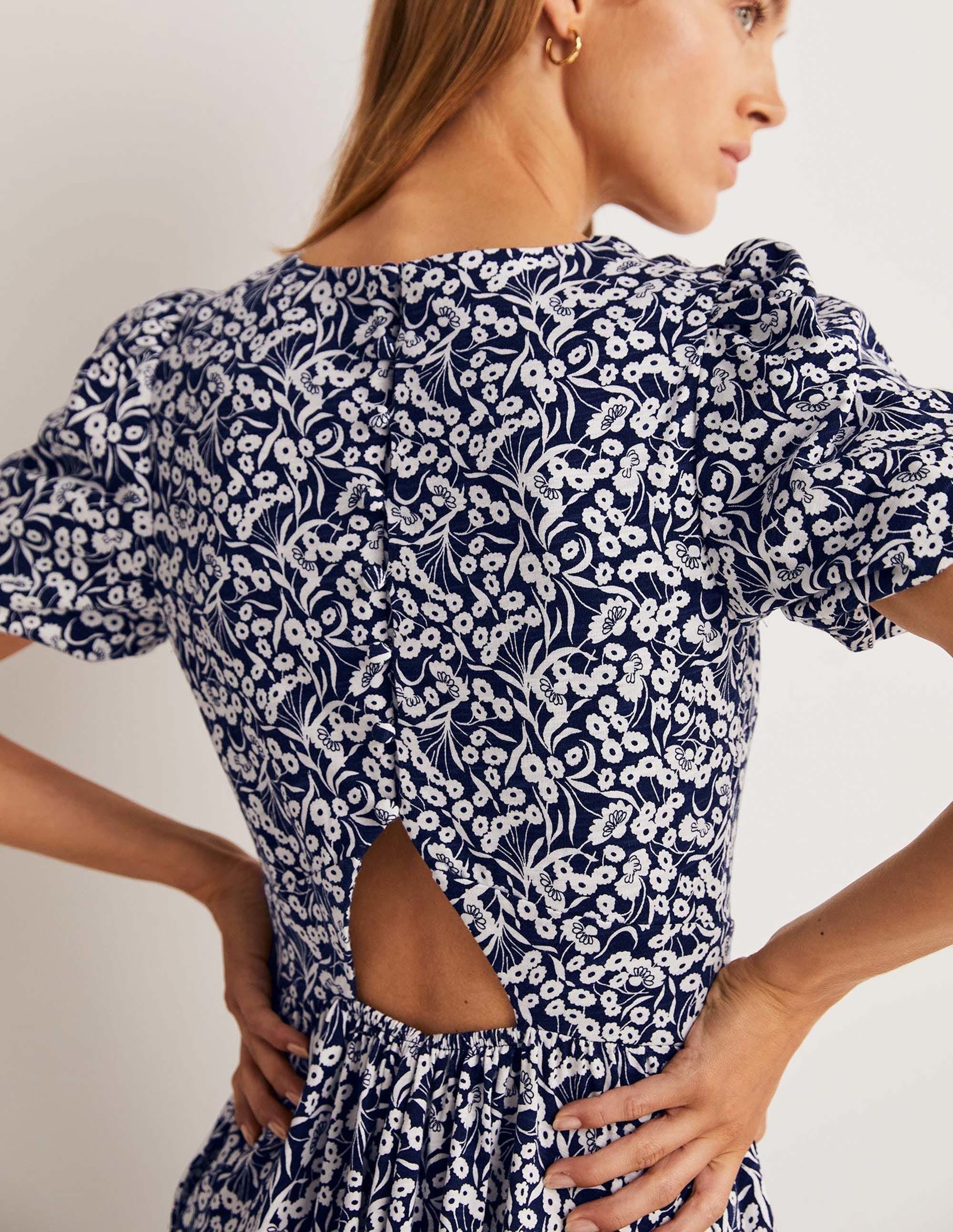 Back Detail Jersey Mini Dress-Navy, Floret Bud - Image 2
