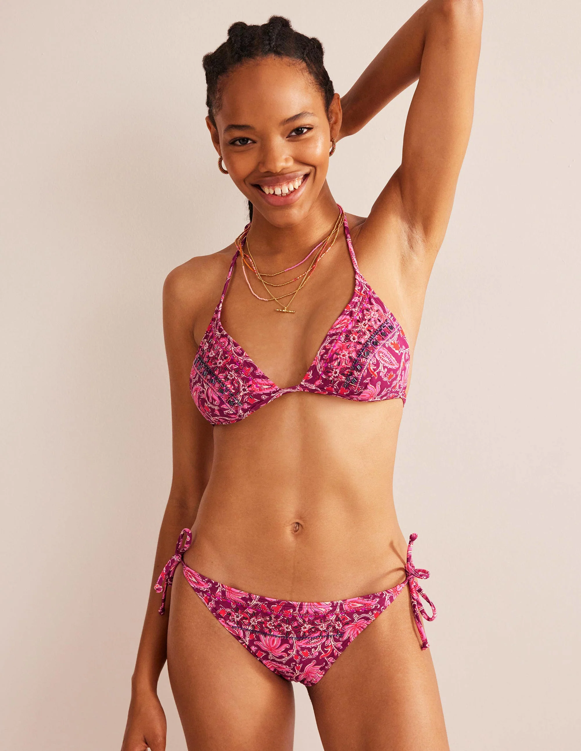 Bead Embellished Bikini Top-Raspberry Pink, Botanic Vine - Image 4