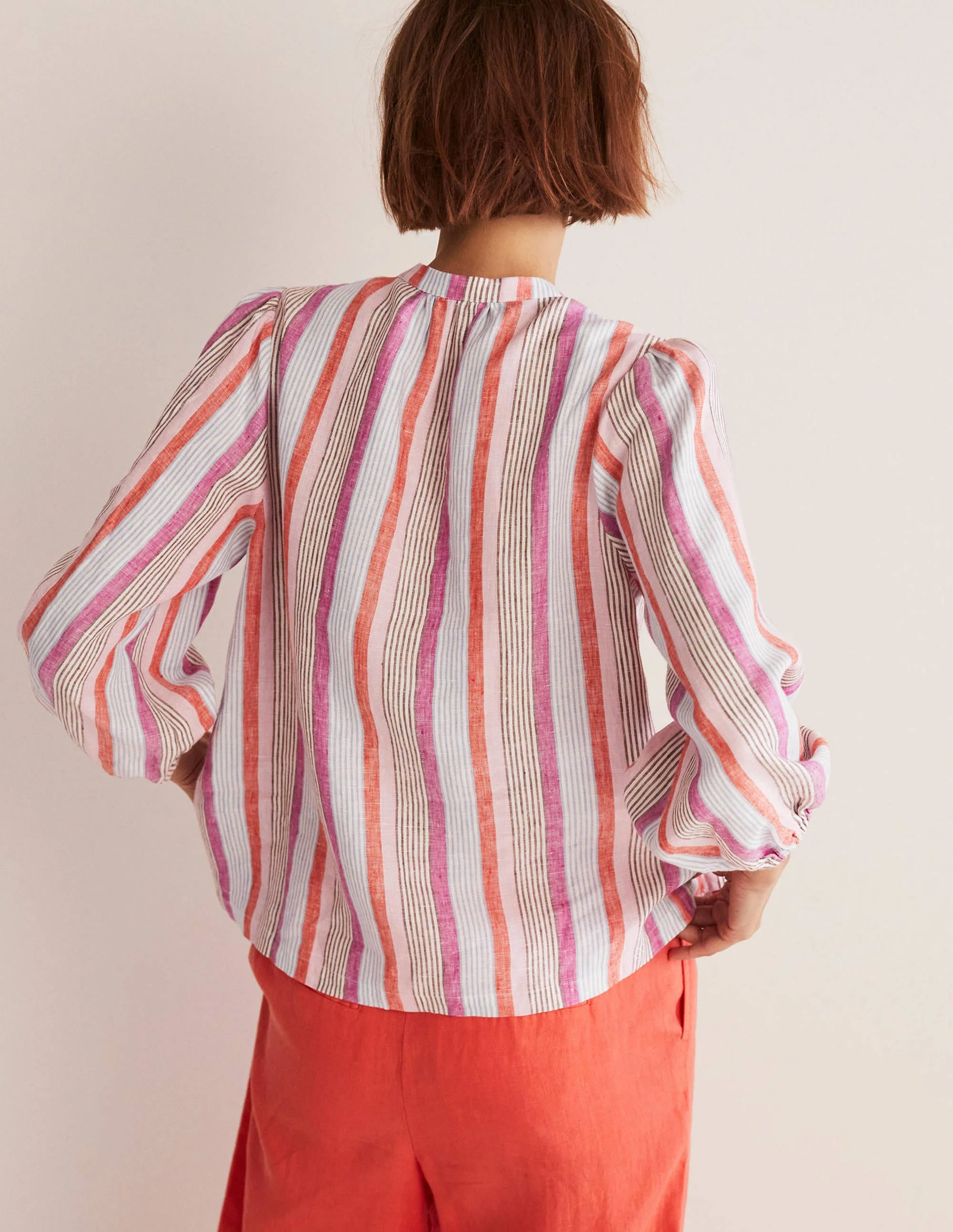 Becky Full Sleeve Linen Blouse-Firecracker, Cameo Pink Stripe - Image 3