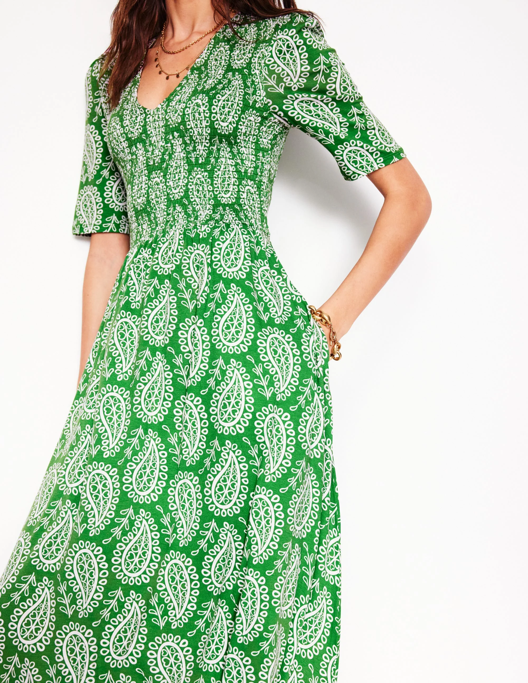 Bethany Smocked Jersey Dress-Paradise Green, Paisley Heart - Image 2