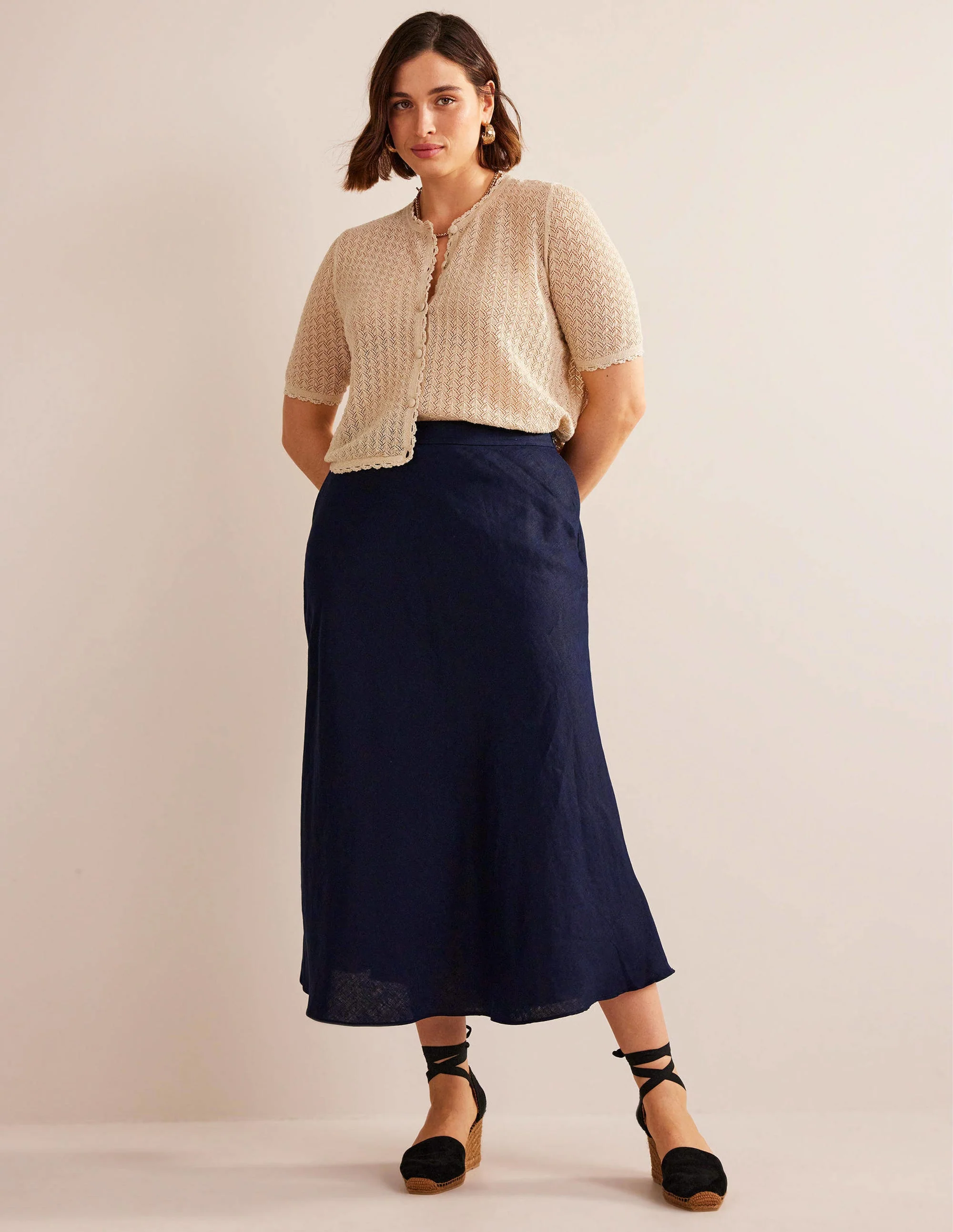 Bias Linen Midi Skirt-Navy - Image 6