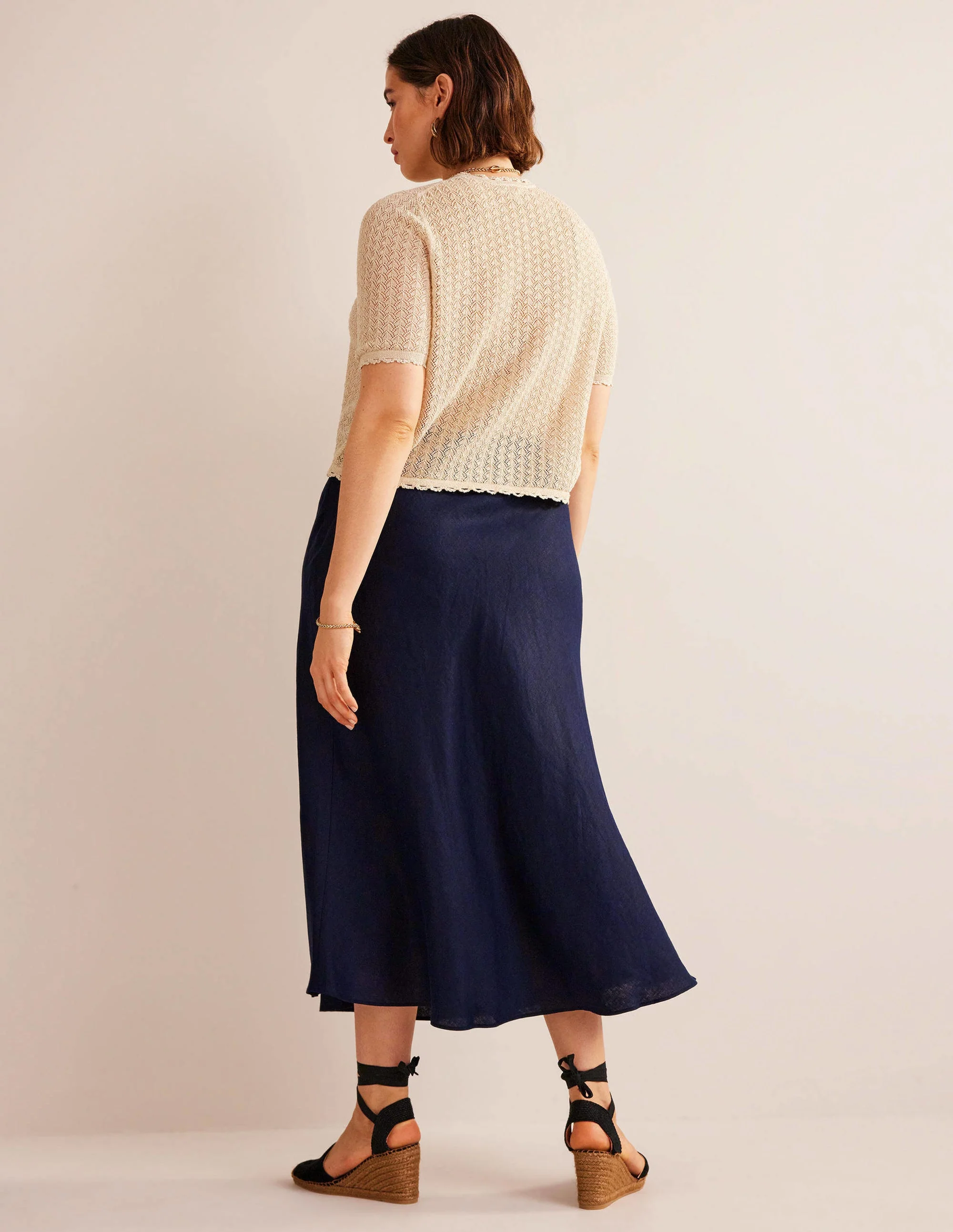 Bias Linen Midi Skirt-Navy - Image 7