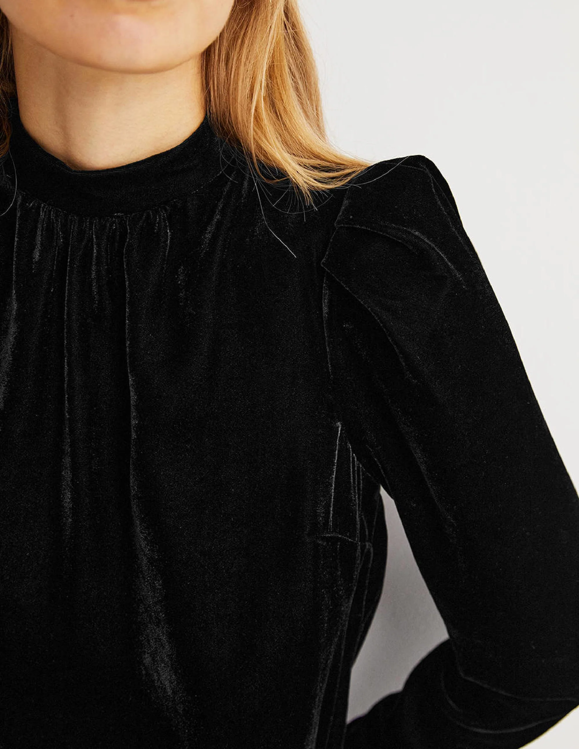 Black Mutton Sleeve Velvet Top-Black - Image 2