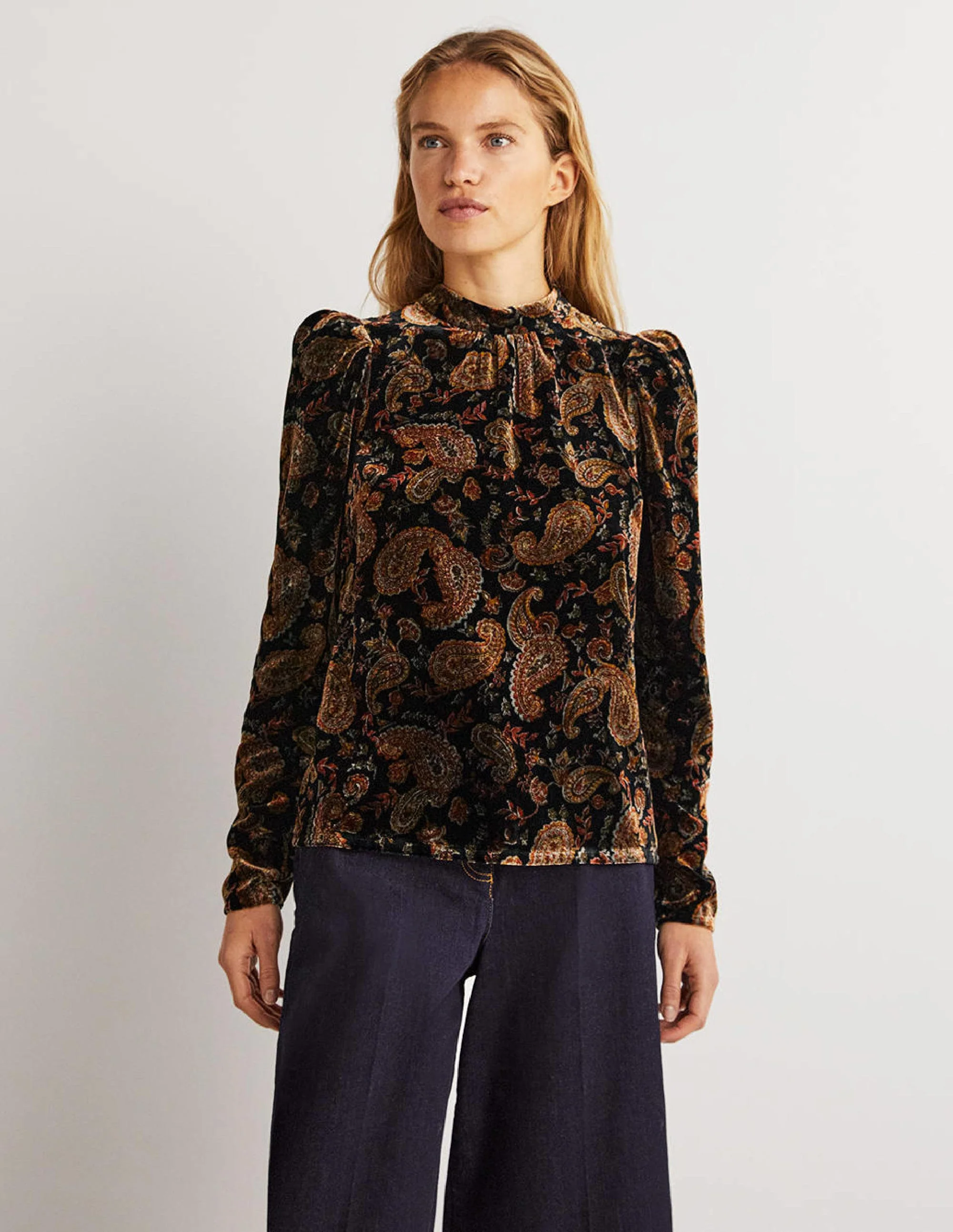 Black Paisley Mutton Sleeve Velvet Top-Black, Paisley Passion - Image 4