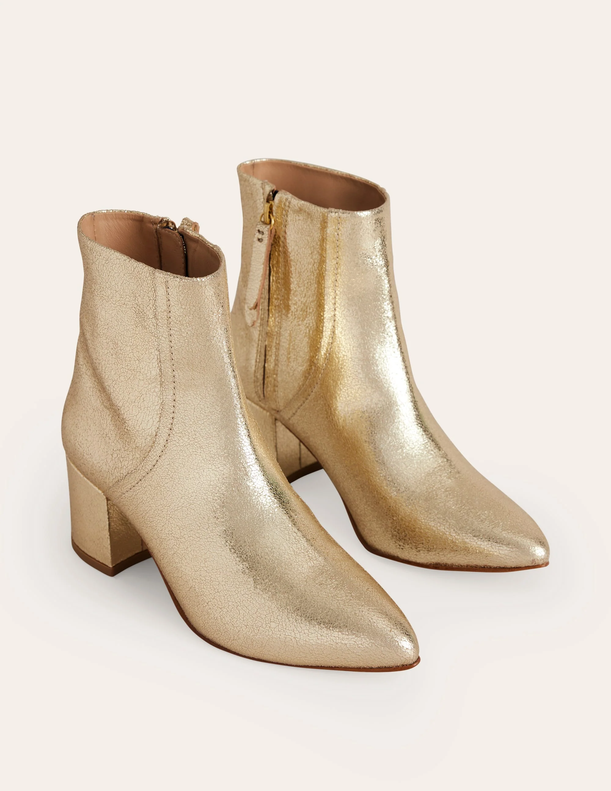 Block Heel Leather Ankle Boots-Gold - Image 3