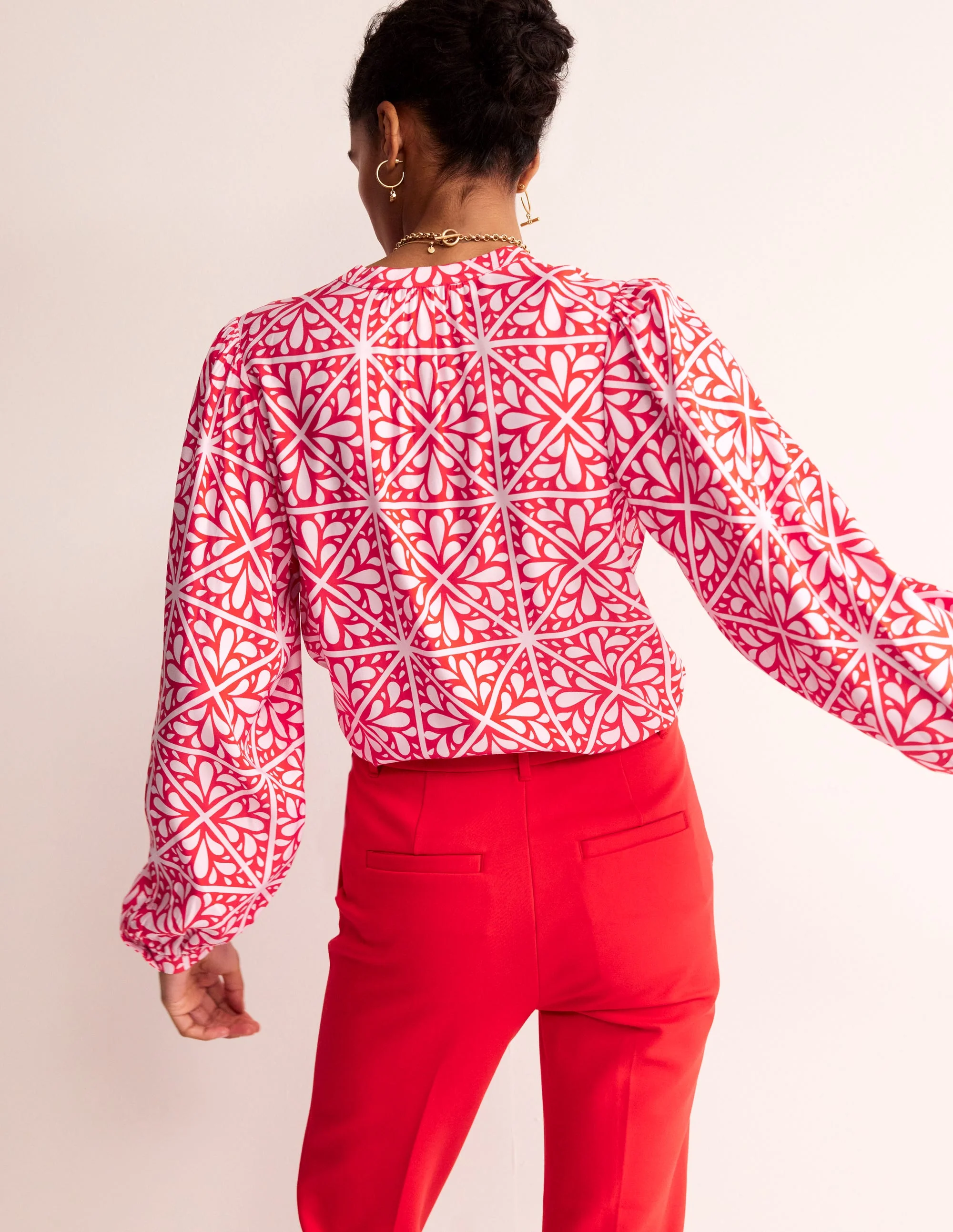 Blouson Sleeve Blouse-Flame Scarlet, Floral Mosaic - Image 3