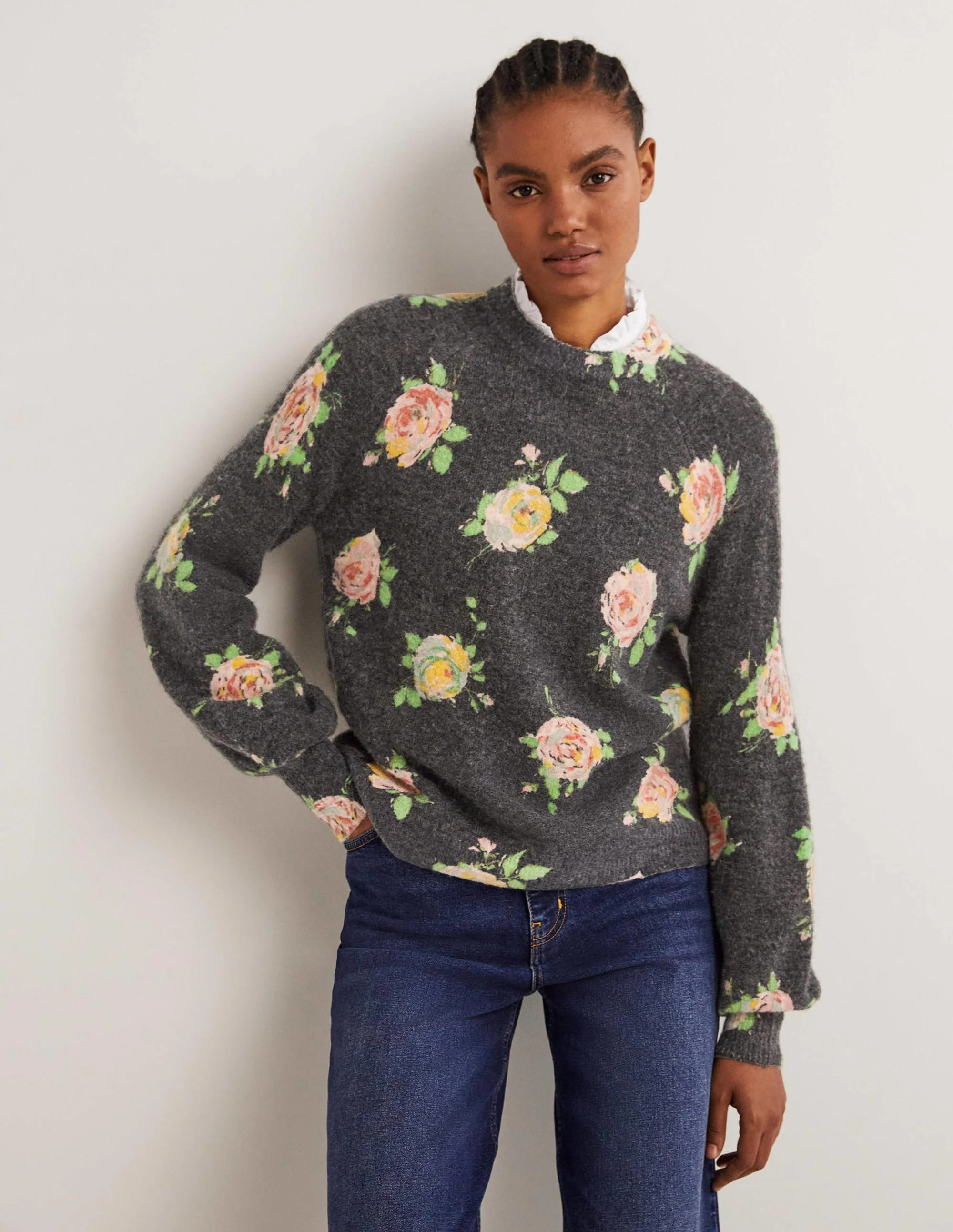 Blouson Sleeve Fluffy Sweater-Black, Painterly Rose
