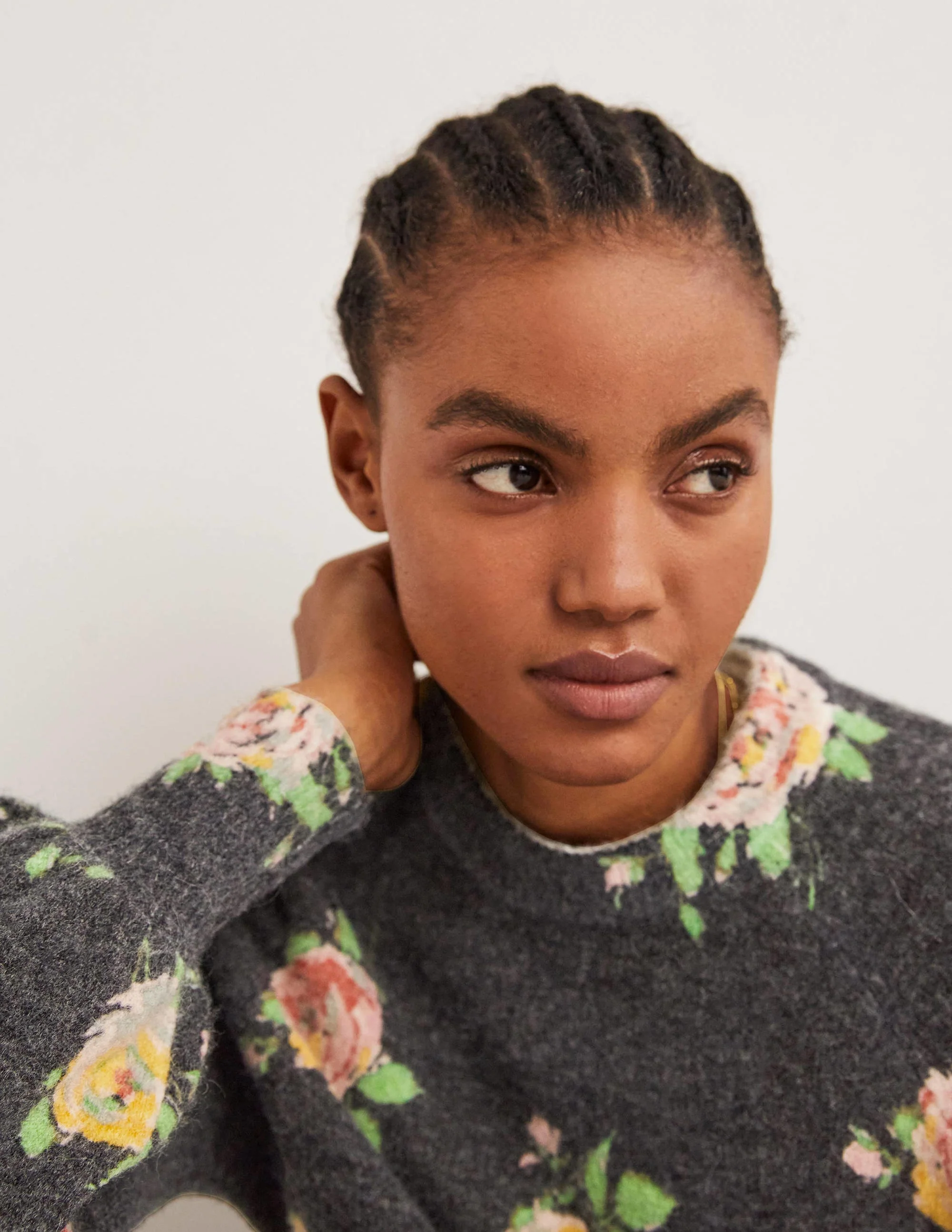 Blouson Sleeve Fluffy Sweater-Black, Painterly Rose - Image 2